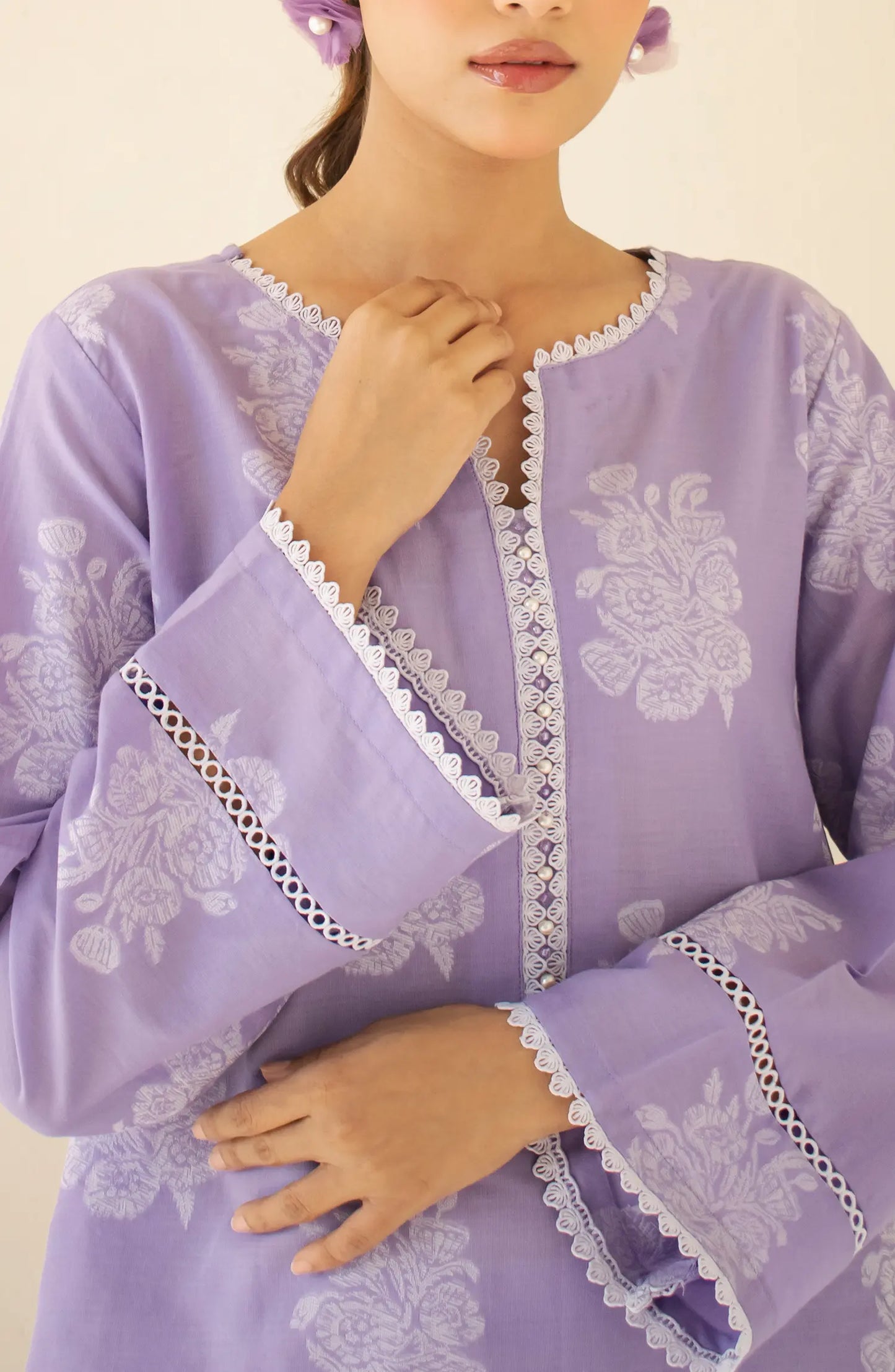 Women wearing a Lavender dress with white lace details on a matching culotte. Stitched Premium Dyed Jacquard Cord - Set, Shirt & Pant - WRCY24S-2011