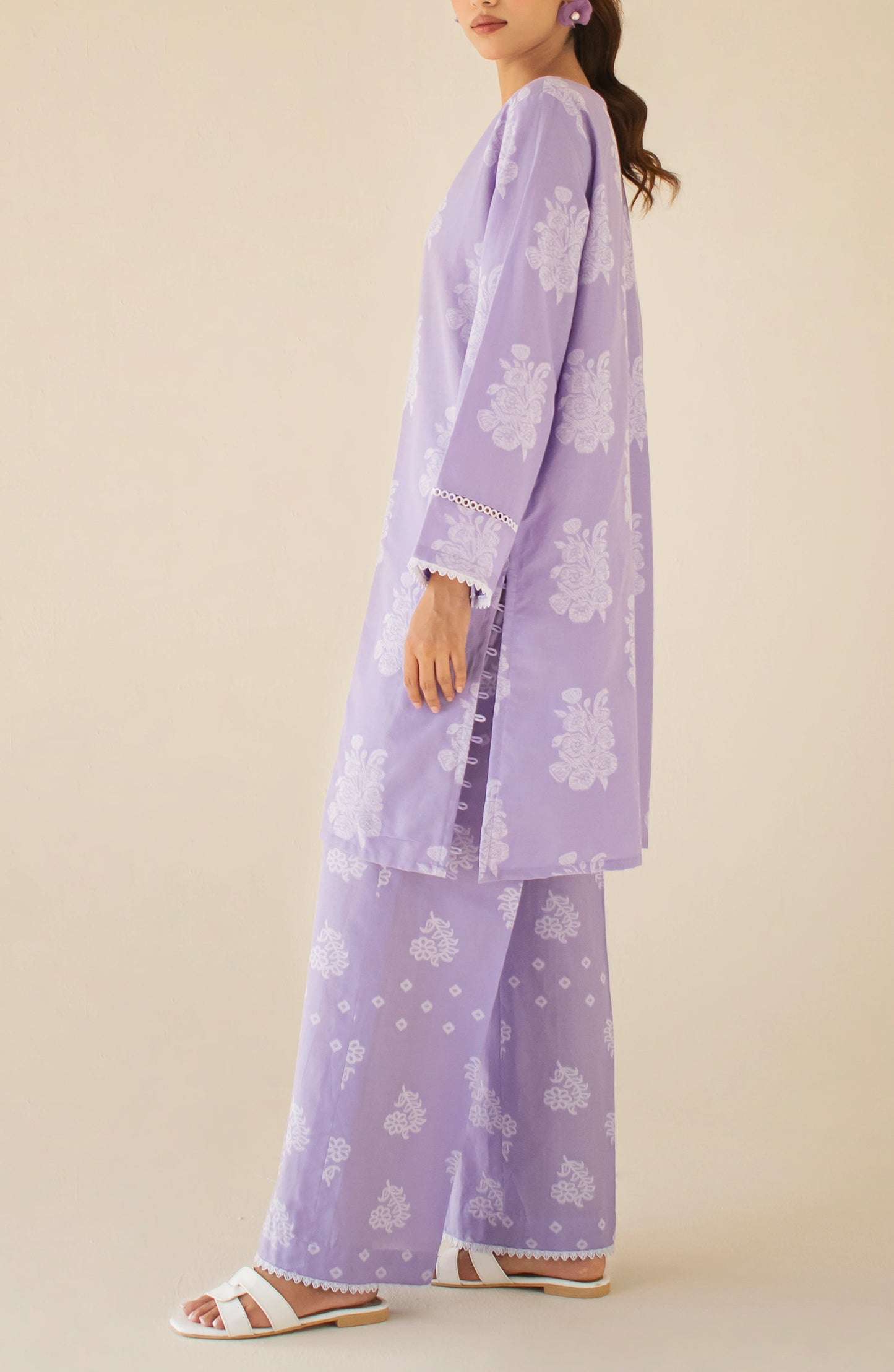 Women wearing a Lavender dress with white lace details on a matching culotte. Stitched Premium Dyed Jacquard Cord - Set, Shirt & Pant - WRCY24S-2011