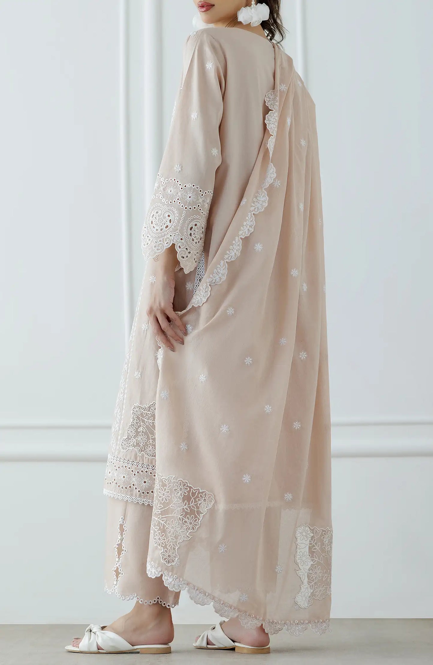 Beige embroidered dress with matching dupatta on a plain trouser. Stitched Luxury Festive Formal Lawn Shirt Dupatta & Pant - 3 Piece Suits - WRFC25S-3003