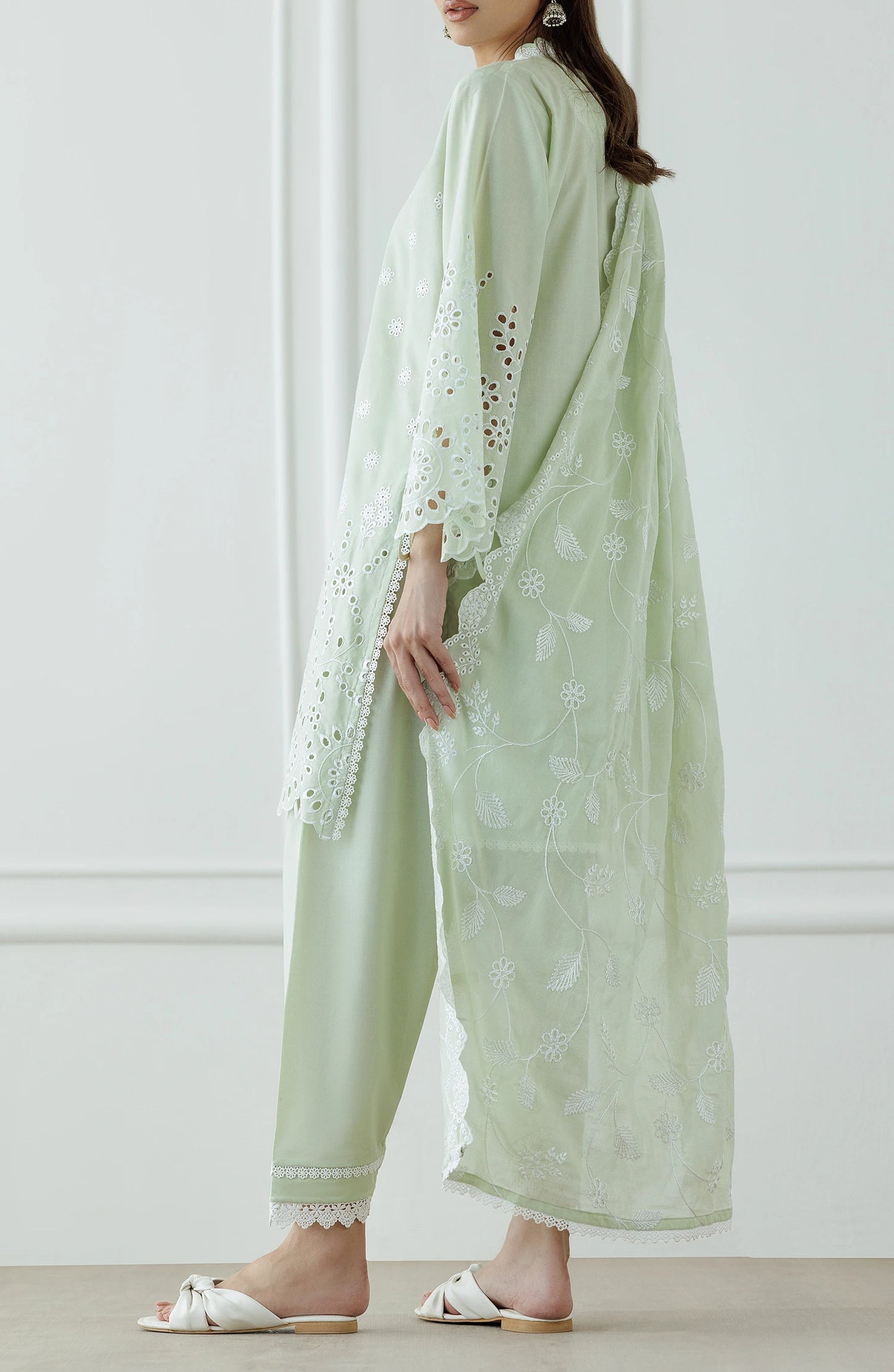 Light green traditional chikankari outfit with lace details on a shirt, matching dupatta. Unstitched Luxury Festive Formal Lawn Shirt Dupatta & Pant - 3 Piece Suits - WRFC25S-3005