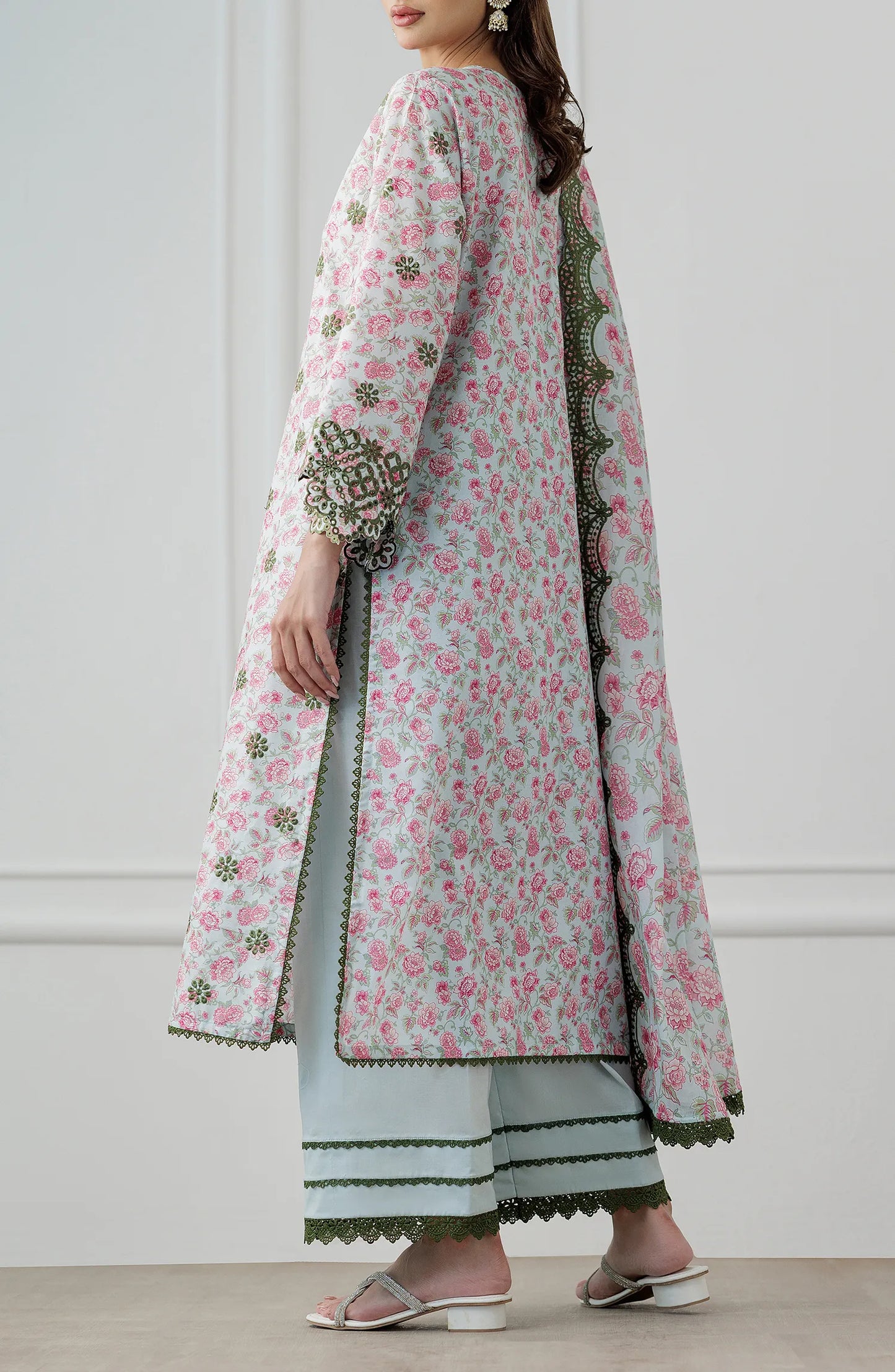 Woman wearing a floral dress with a matching dupatta against a dyed trouser. Stitched Luxury Festive Formal Lawn Shirt Dupatta & Pant - 3 Piece Suits - WRFC25S-3008