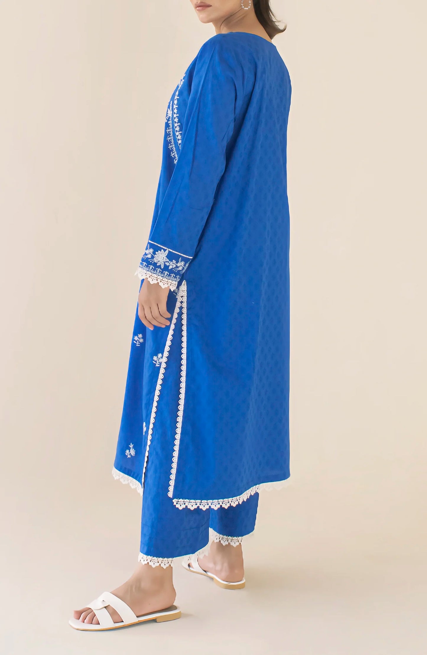 Woman wearing a blue embroidered kurta dyed trouser. Stitched Luxury Premium Embroidered Lawn Shirt & Pant - 2 Piece Suits (Co-ord Set) - WRHC24S-2004
