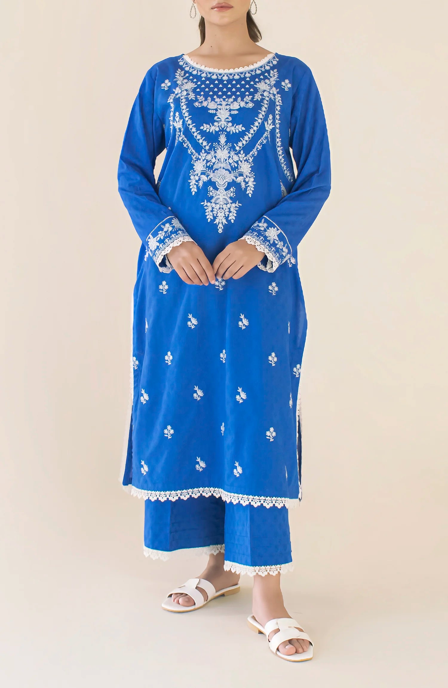 Woman wearing a blue embroidered kurta dyed trouser. Stitched Luxury Premium Embroidered Lawn Shirt & Pant - 2 Piece Suits (Co-ord Set) - WRHC24S-2004