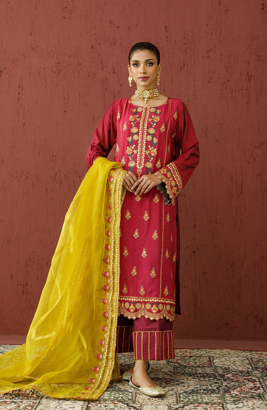 Stitched 3 Piece Embroidered Cotton Silk Shirt , Cotton Silk Pant and Organza Dupatta (OTLF-23-062/S PINK)