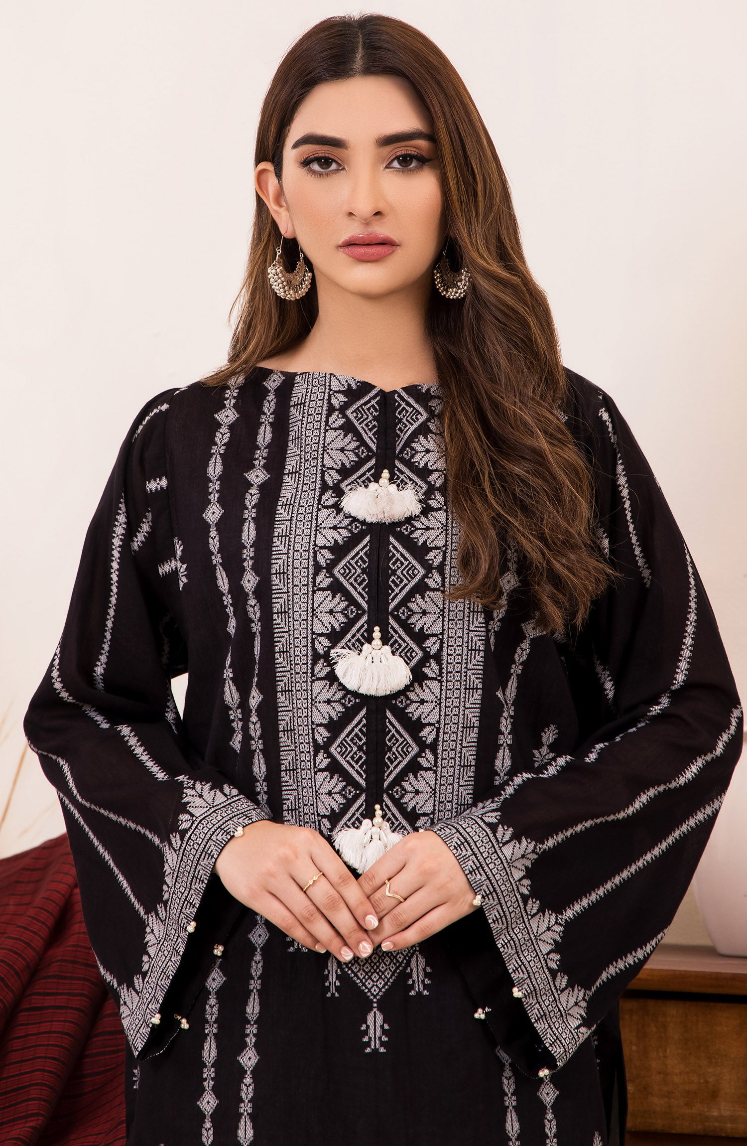 otl-21-153-u-black 2 Piece printed winter Jacquard Shirt and Fancy Dupatta