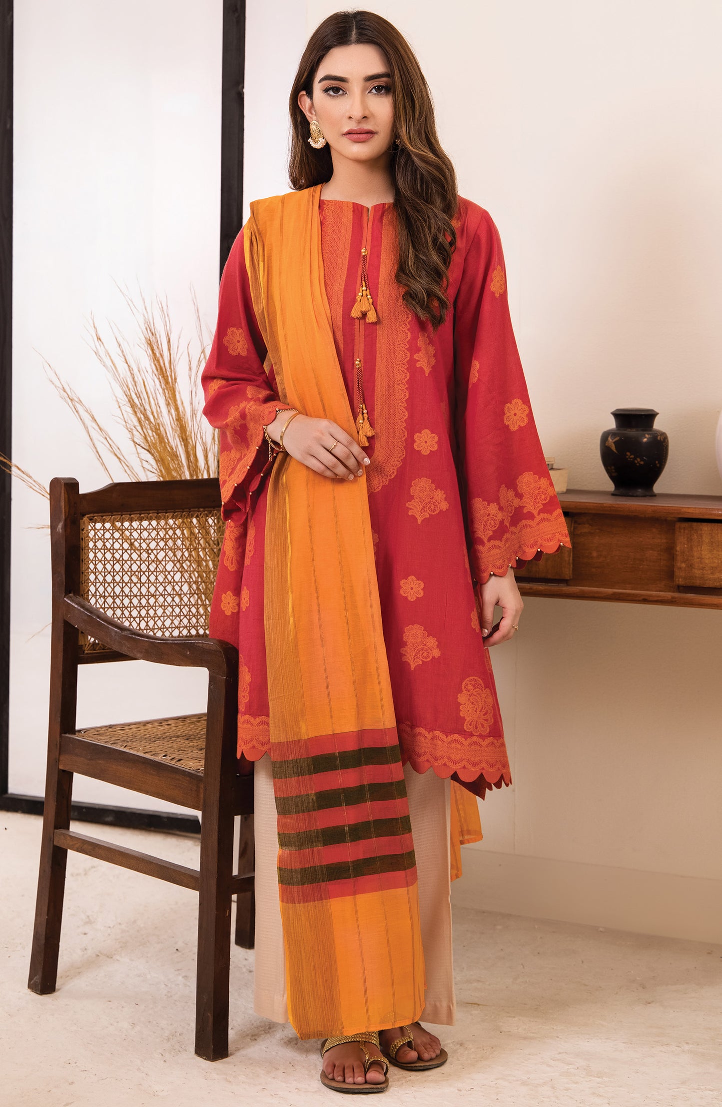 otl-21-152-u-red unstitched 2 Piece printed winter Jacquard Shirt and Fancy Dupatta