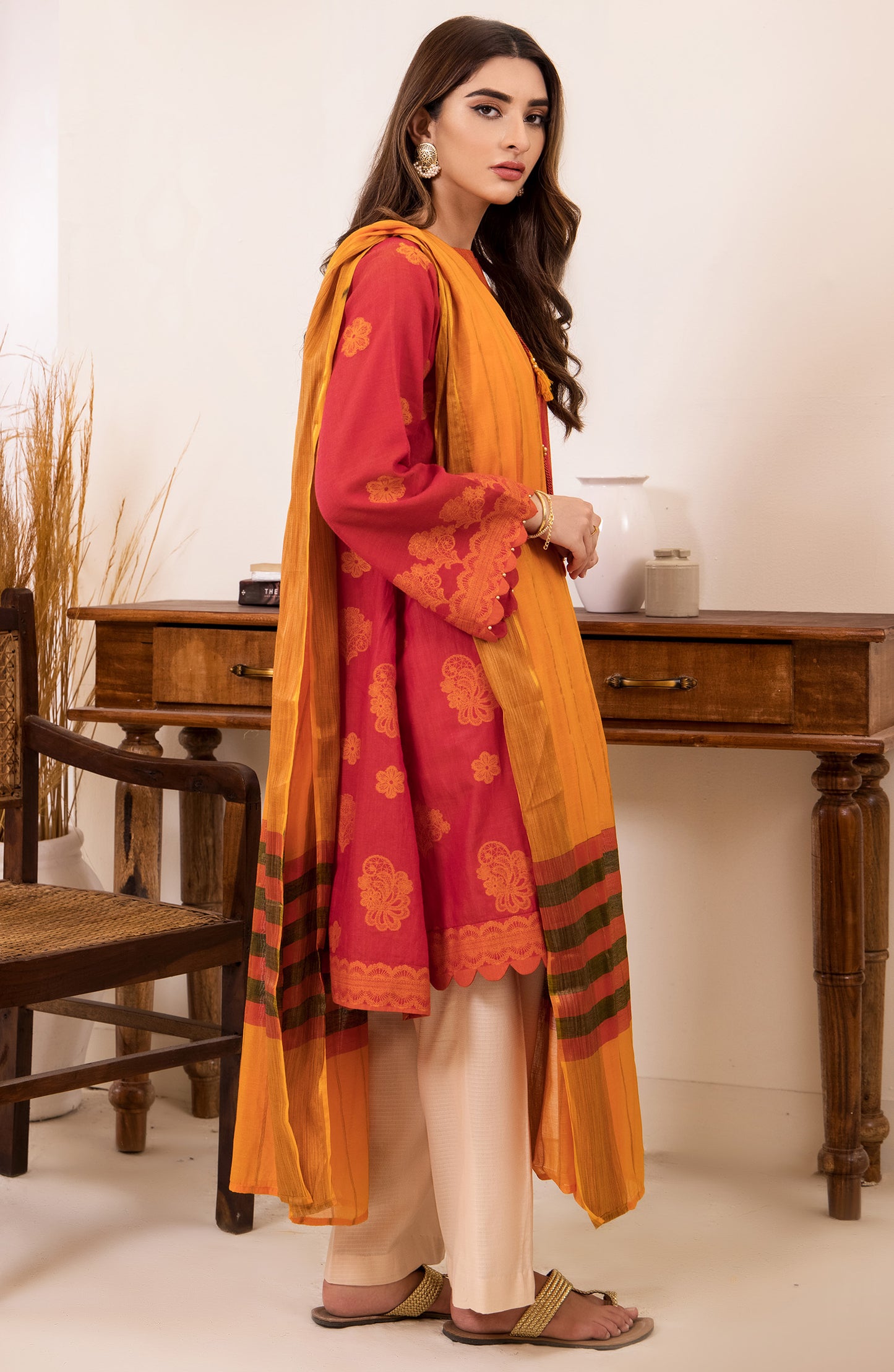 otl-21-152-u-red unstitched 2 Piece printed winter Jacquard Shirt and Fancy Dupatta