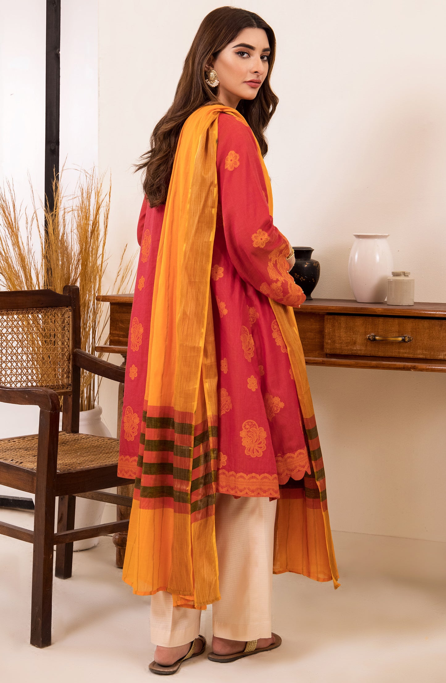 otl-21-152-u-red unstitched 2 Piece printed winter Jacquard Shirt and Fancy Dupatta
