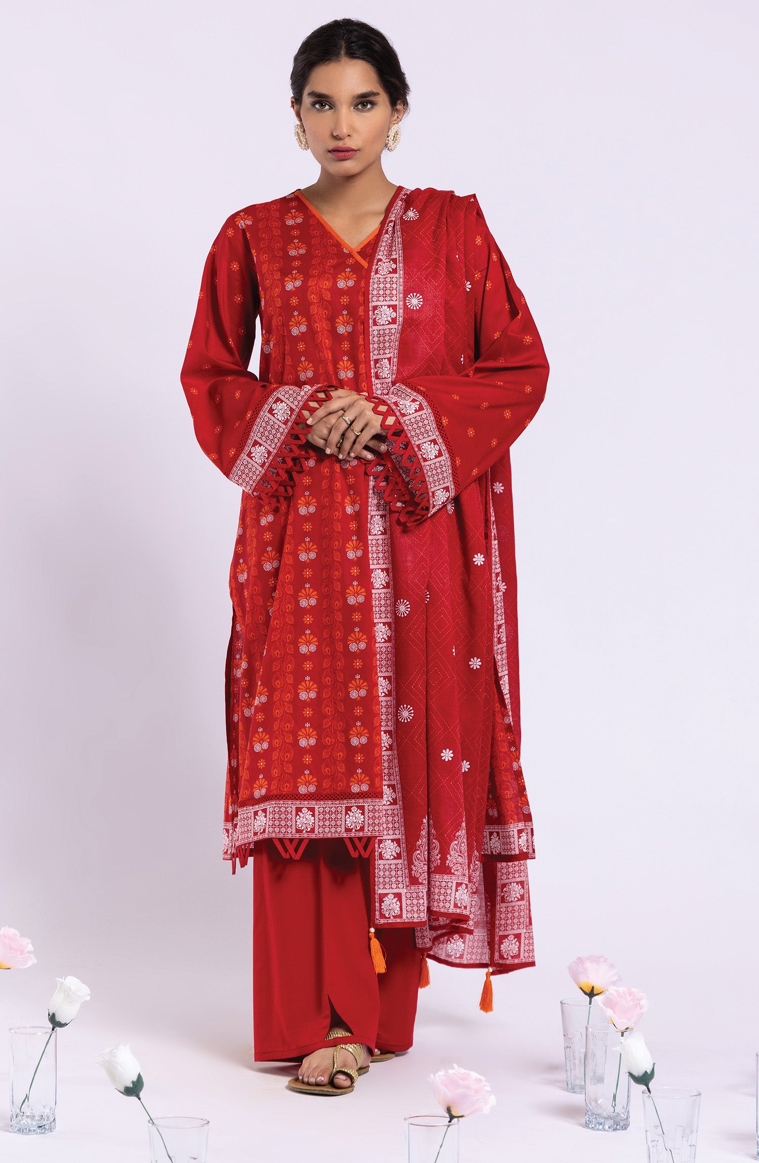 OTL-22-036/U RED LAWN UNSTITCHED SHIRT DUPATTA PANTS