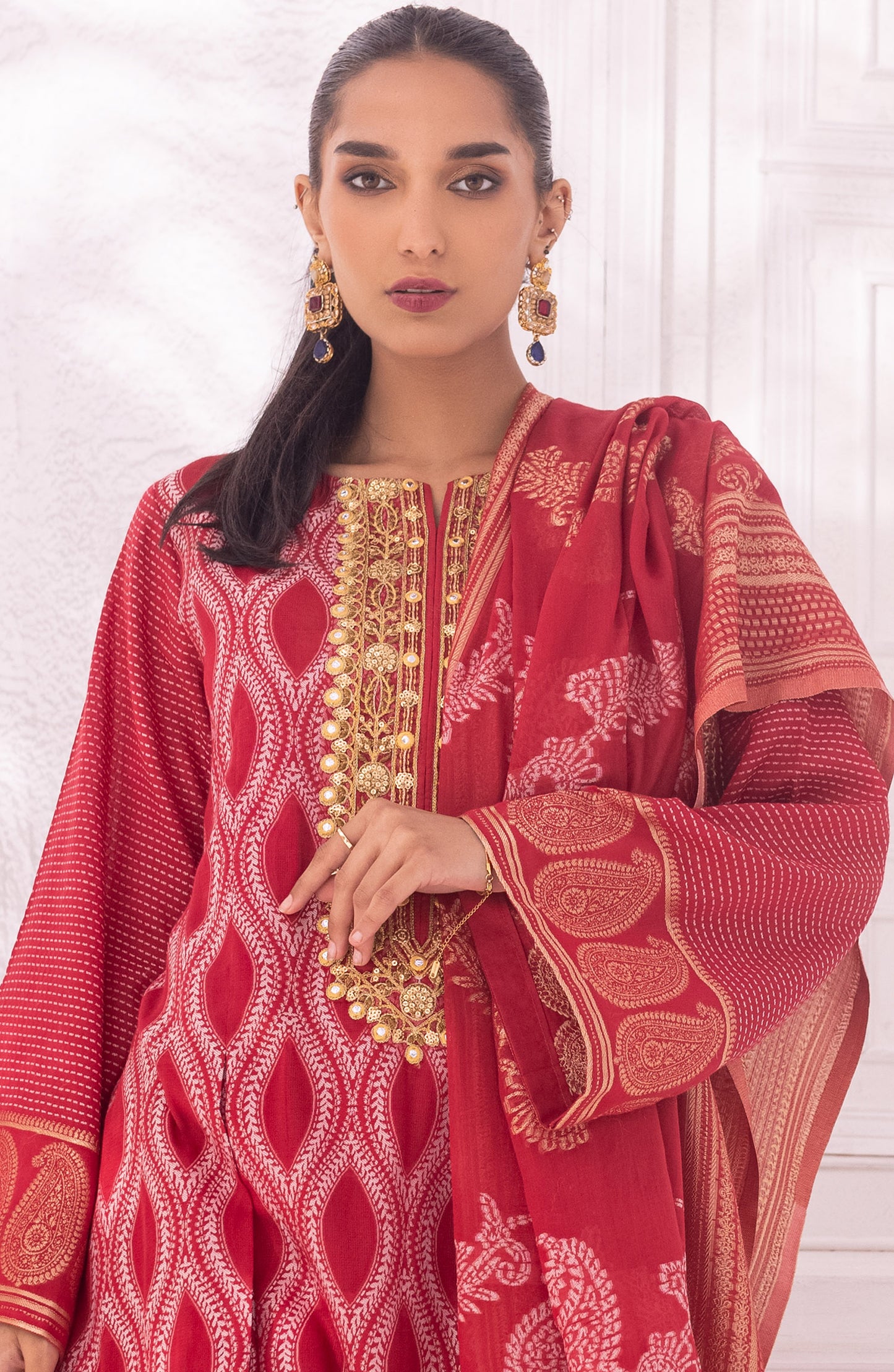 OTLF-22-011/S RED JACQUARD READY TO WEAR SHIRT DUPATTA PANTS