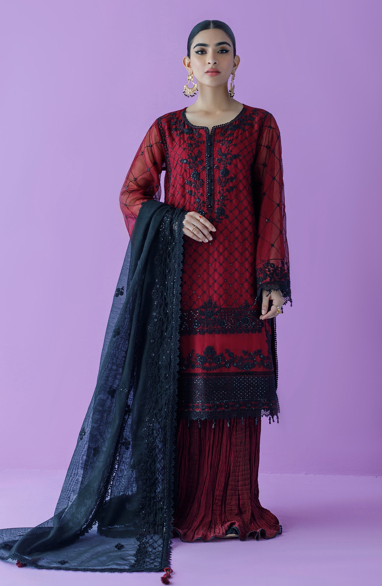 OTLF-23-025 RED KHADDI NET UNSTITCHED SHIRT DUPATTA PANTS