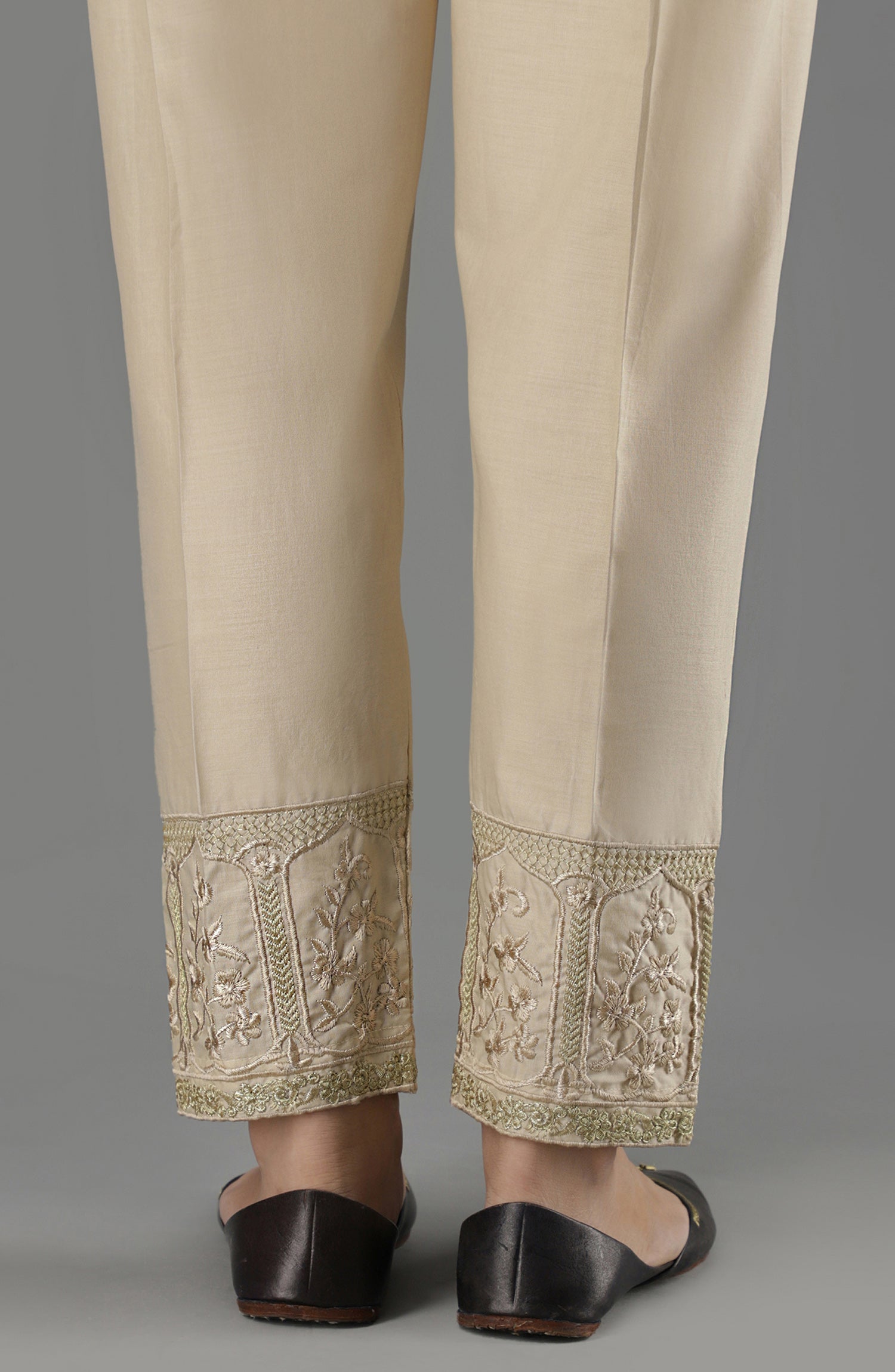 Stitched Bottoms 1 Piece Embroidered Cambric Pants (NRPE-50/S BEIGE)