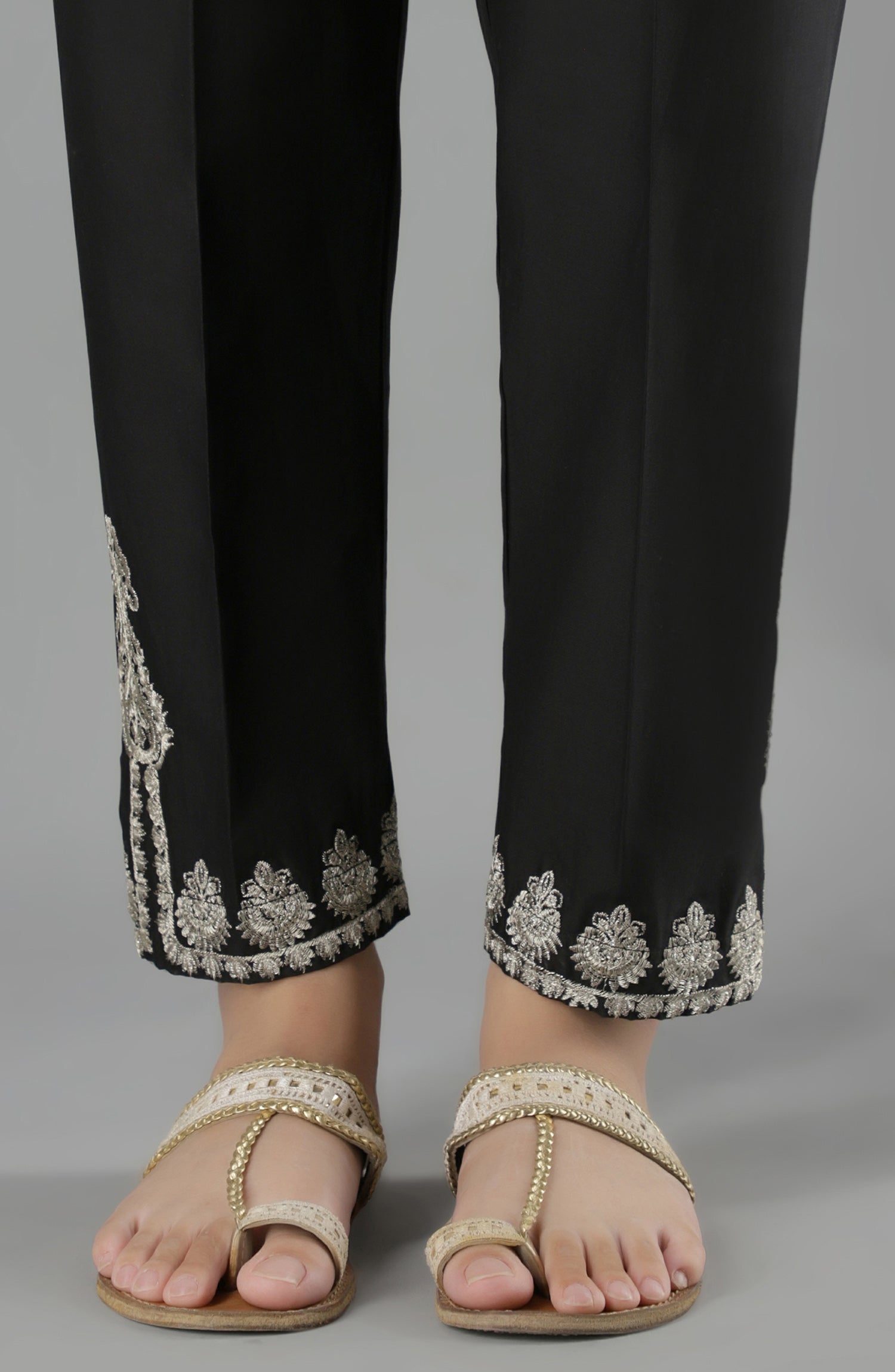 Stitched Bottoms 1 Piece Embroidered Cambric Pants (NRPE-52/S BLACK)
