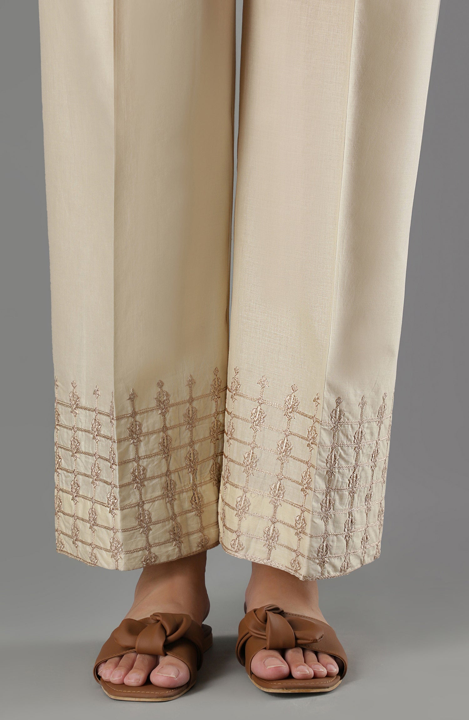 Stitched Bottoms 1 Piece Embroidered Cambric Pants (NRPE-65/S BEIGE)