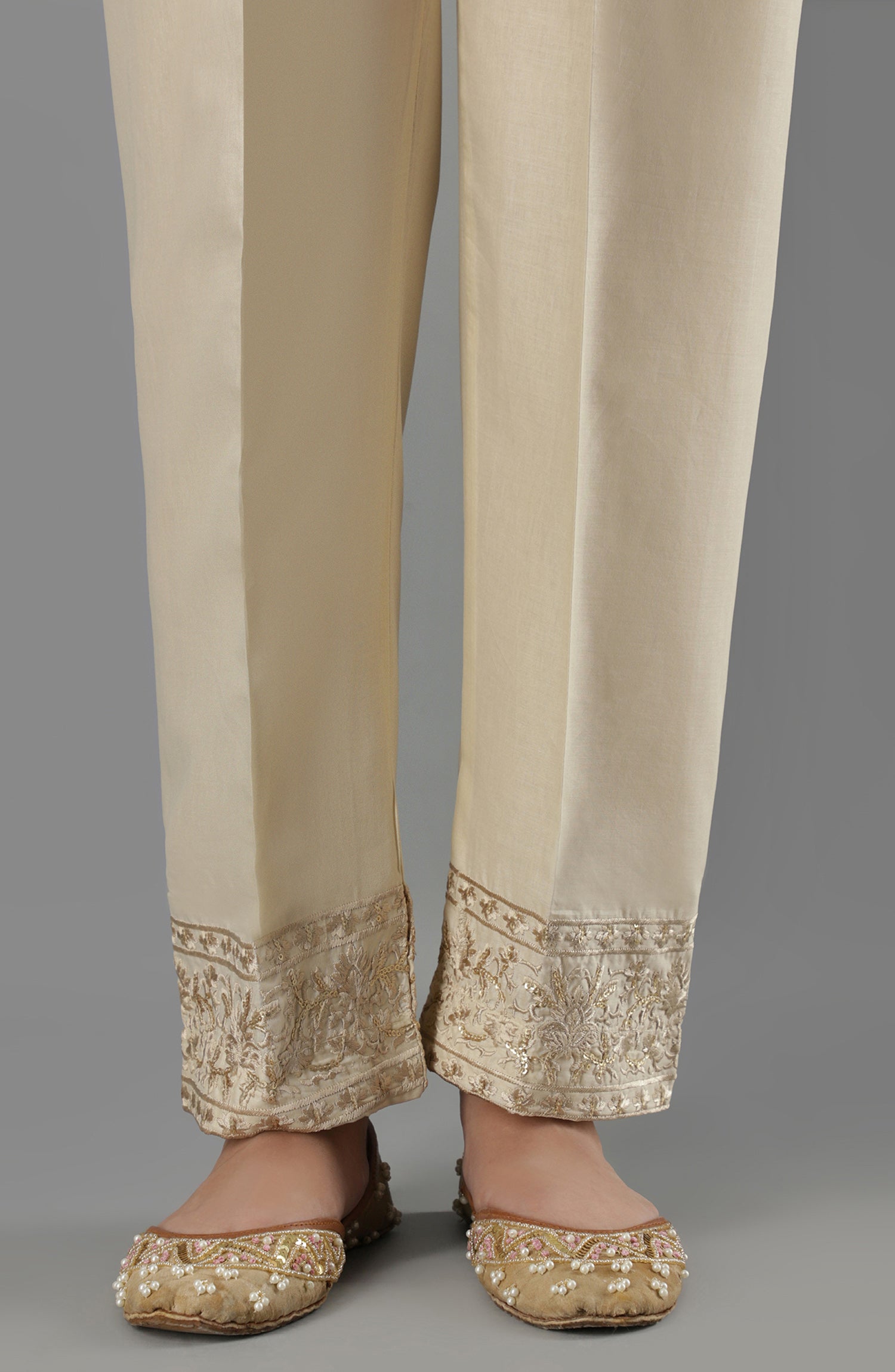 Stitched Bottoms 1 Piece Embroidered Cambric Pants (NRPE-66/S BEIGE)