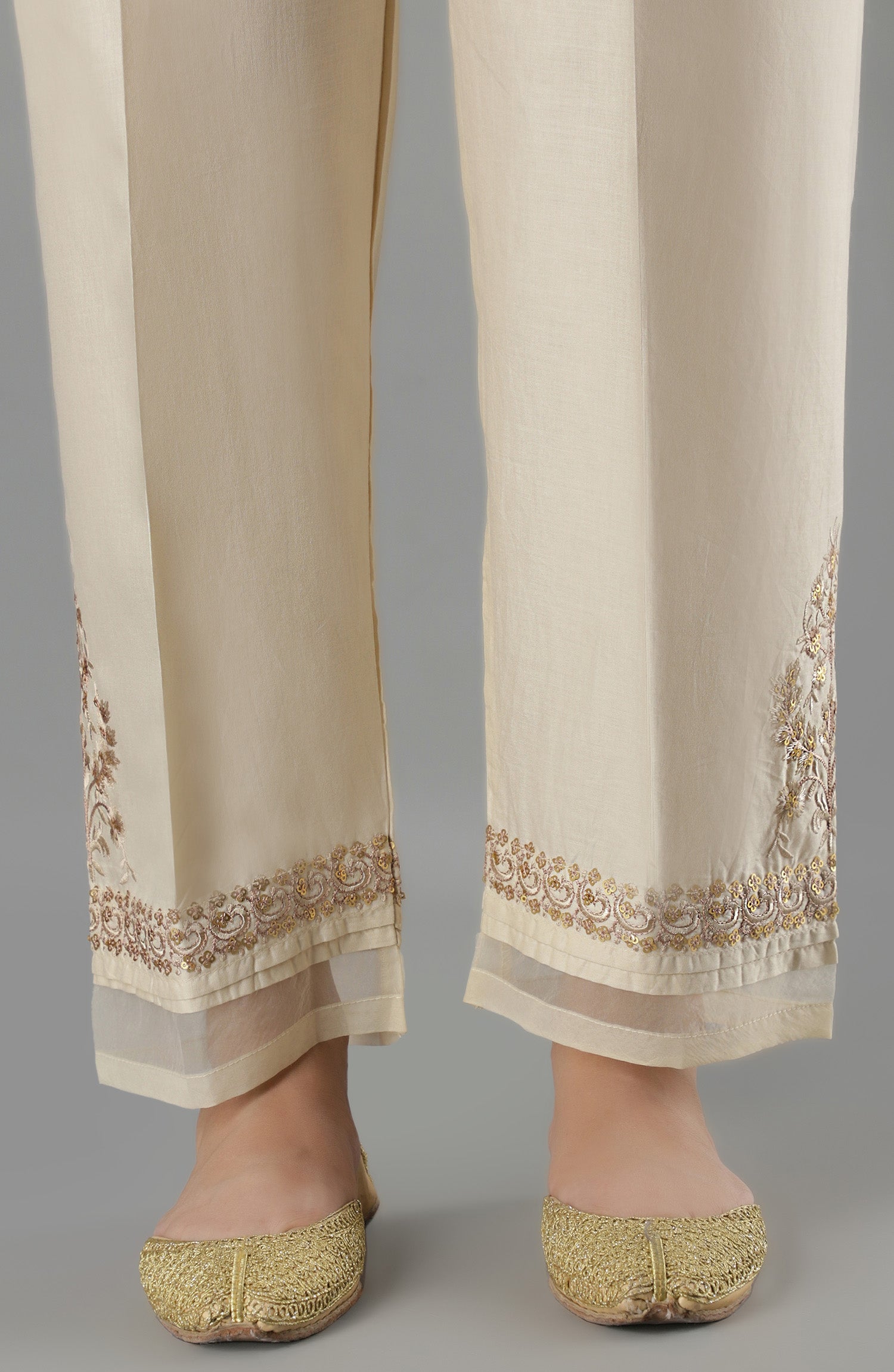 Stitched Bottoms 1 Piece Embroidered Cambric Pants (NRPE-68/S BEIGE)