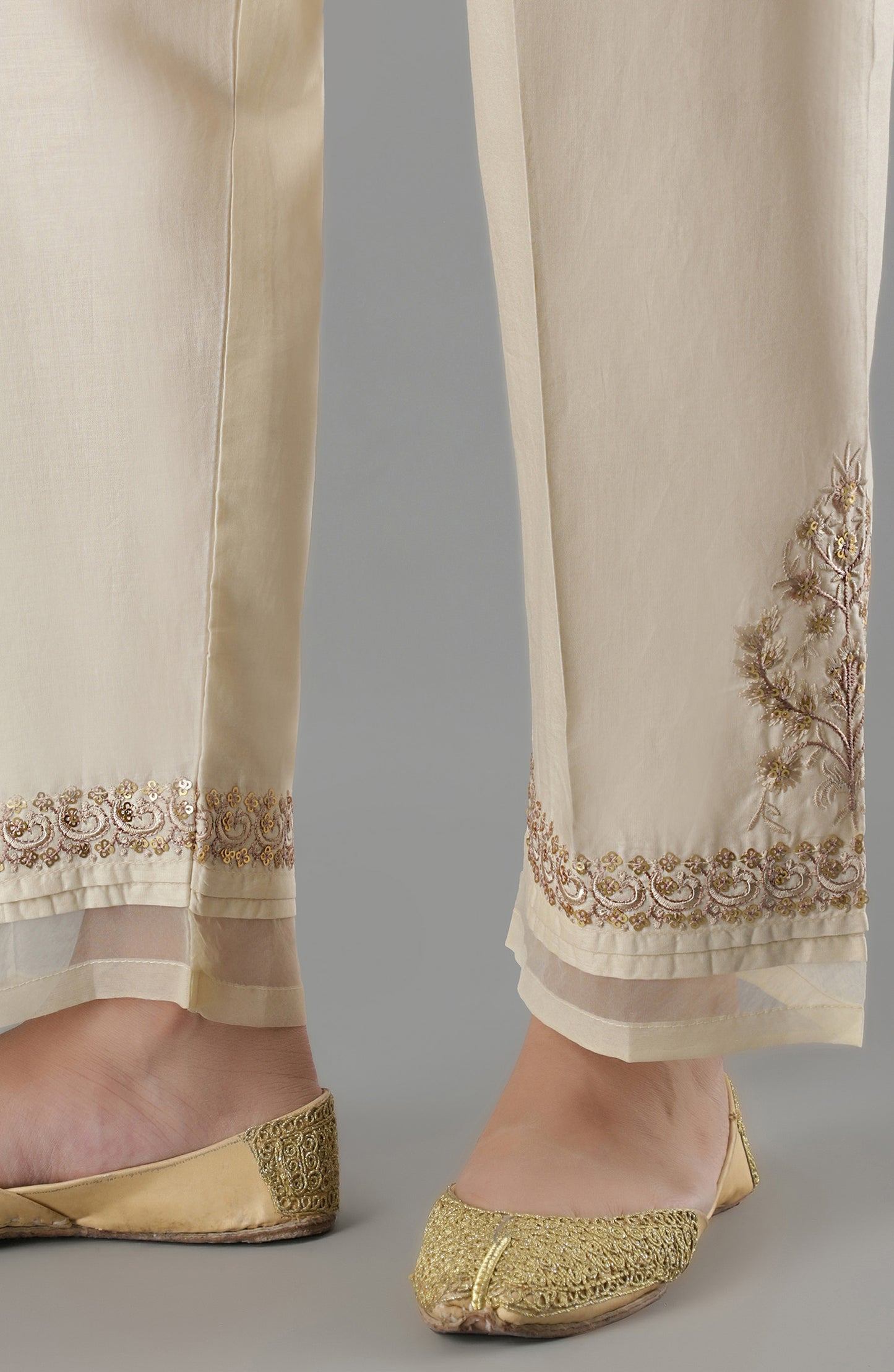 Stitched Bottoms 1 Piece Embroidered Cambric Pants (NRPE-68/S BEIGE)