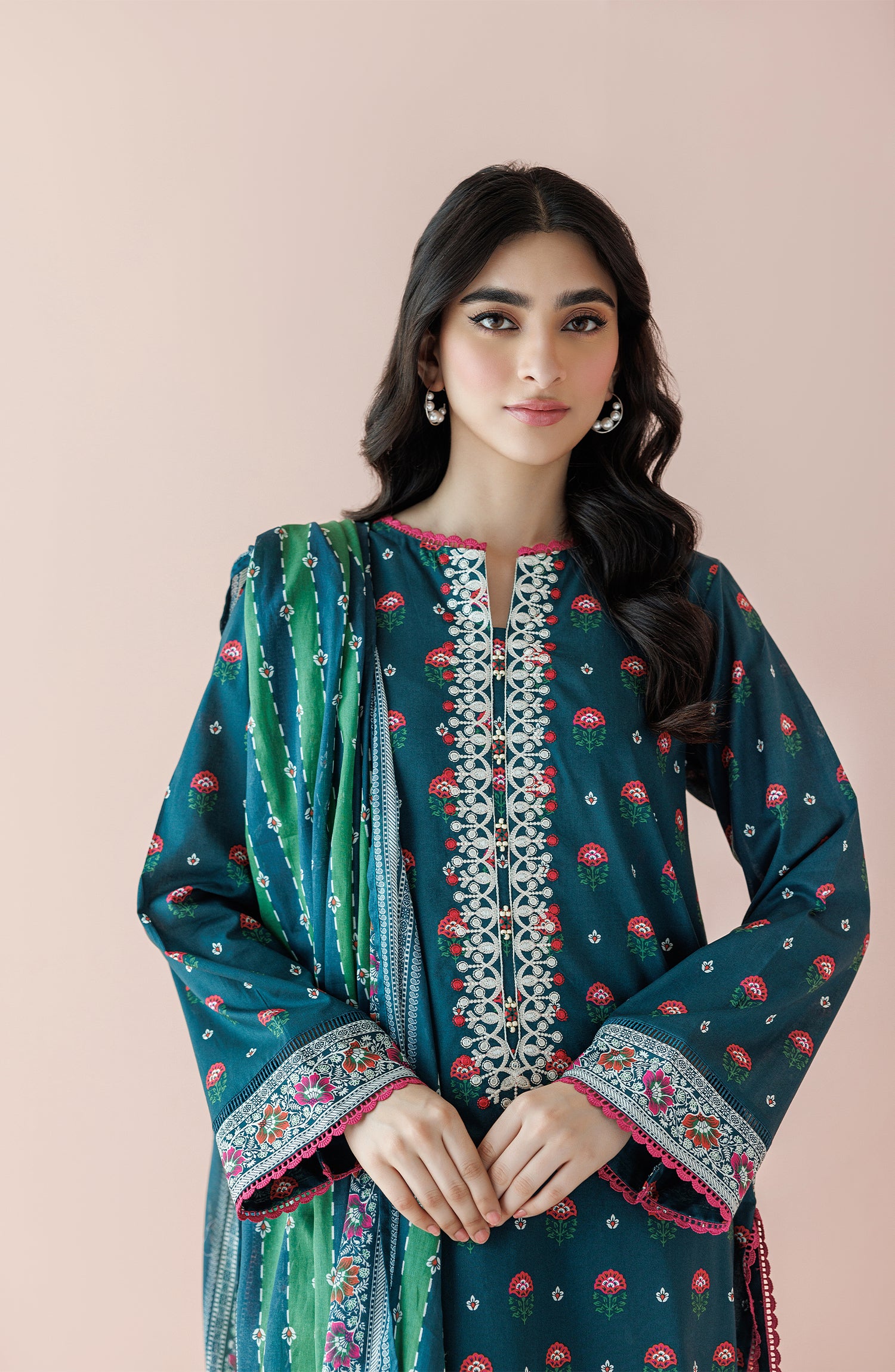 Unstitched 3 Piece Printed Embroidered Lawn Shirt , Cambric Pant and Lawn Dupatta (OTL-24-024/U TEAL)