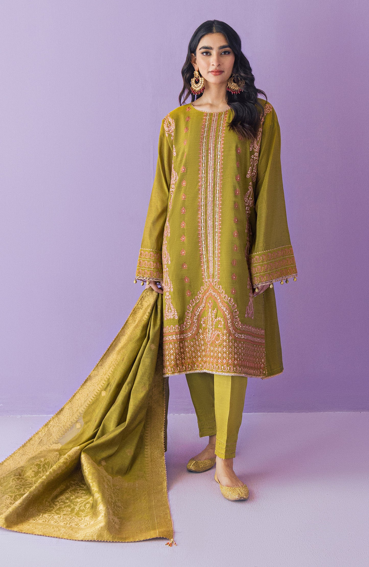 OTLF-23-035 GREEN PAPER COTTON  UNSTITCHED SHIRT DUPATTA PANTS