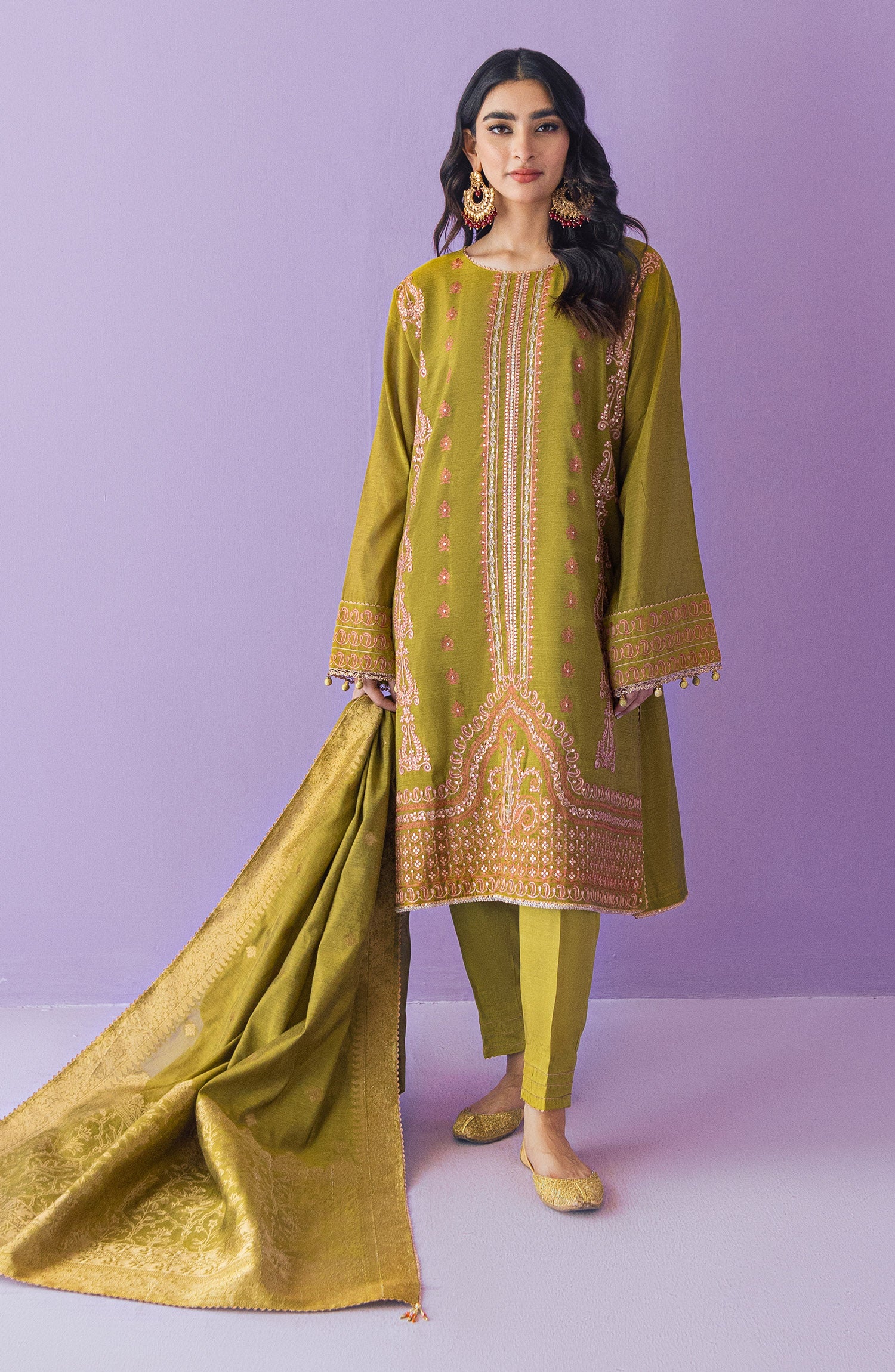 OTLF-23-035 GREEN PAPER COTTON  UNSTITCHED SHIRT DUPATTA PANTS