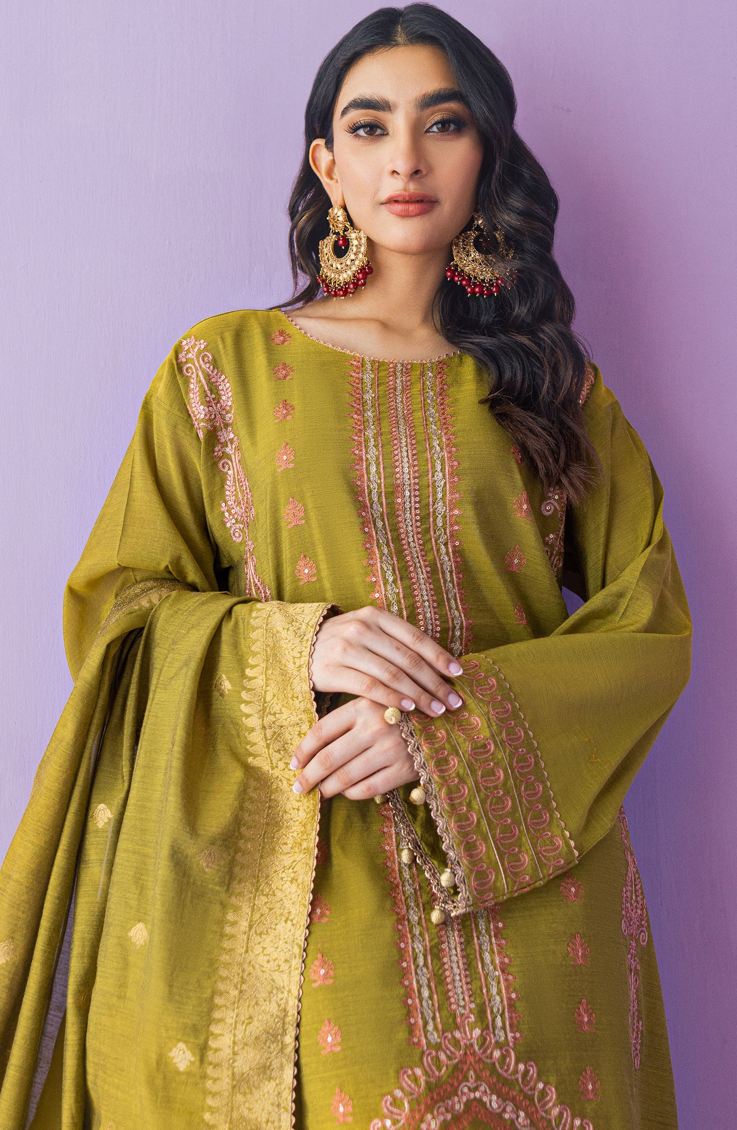 OTLF-23-035 GREEN PAPER COTTON  UNSTITCHED SHIRT DUPATTA PANTS