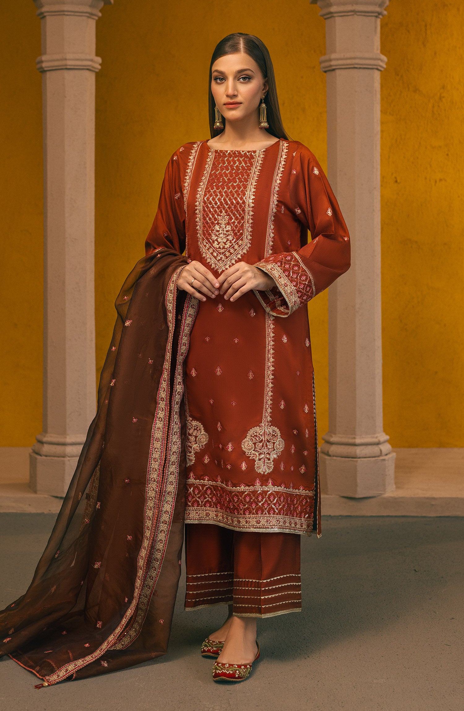 NF-SDT-23-022 RUST COTTON SILK READY TO WEAR SHIRT DUPATTA PANTS