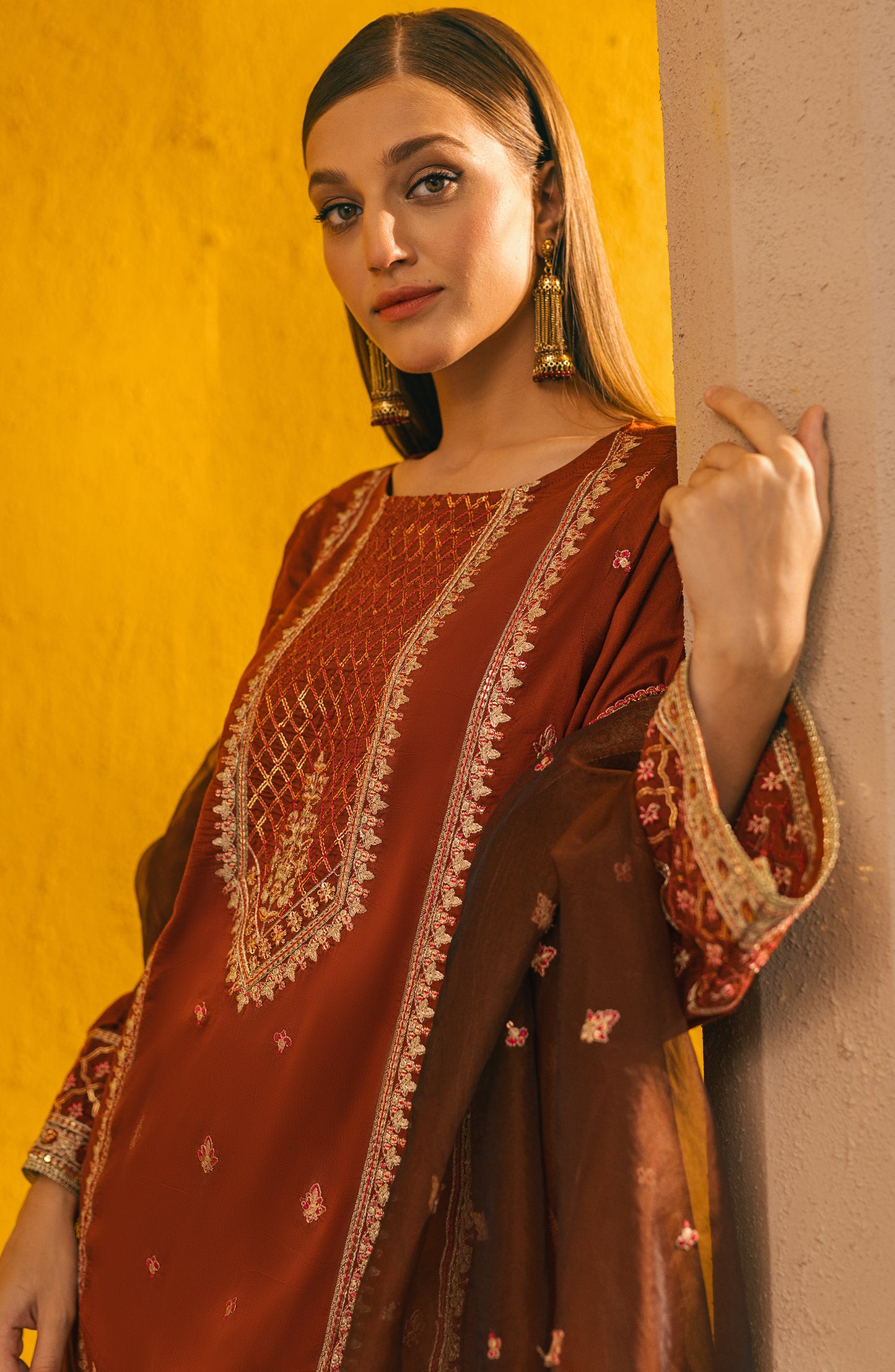 NF-SDT-23-022 RUST COTTON SILK  READY TO WEAR SHIRT DUPATTA PANTS