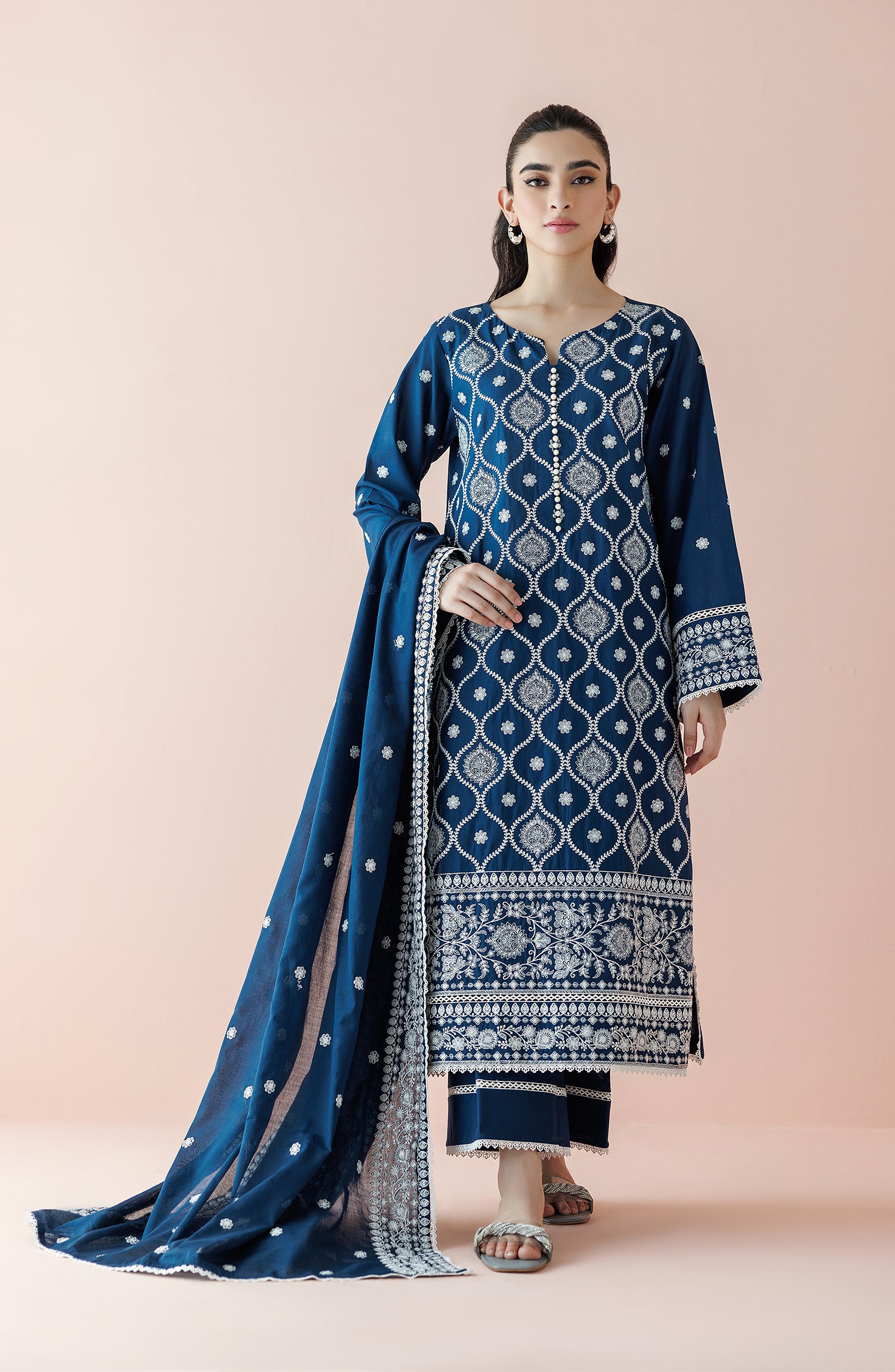 Unstitched 3 Piece Embroidered Lawn Shirt , Cambric Pant and Lawn Dupatta (WRFC24S-3005/U DARK BLUE)