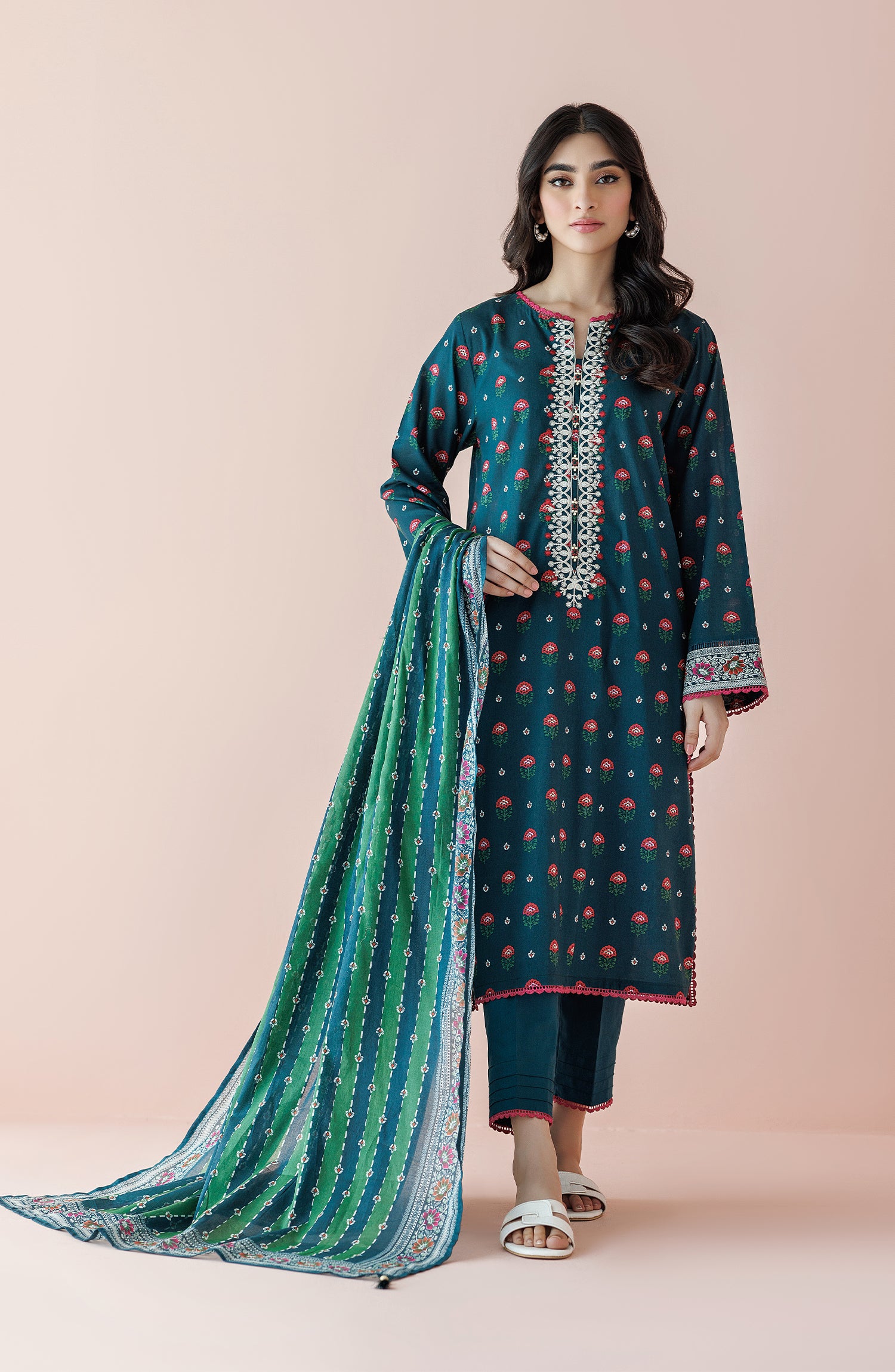 Unstitched 3 Piece Printed Embroidered Lawn Shirt , Cambric Pant and Lawn Dupatta (OTL-24-024/U TEAL)