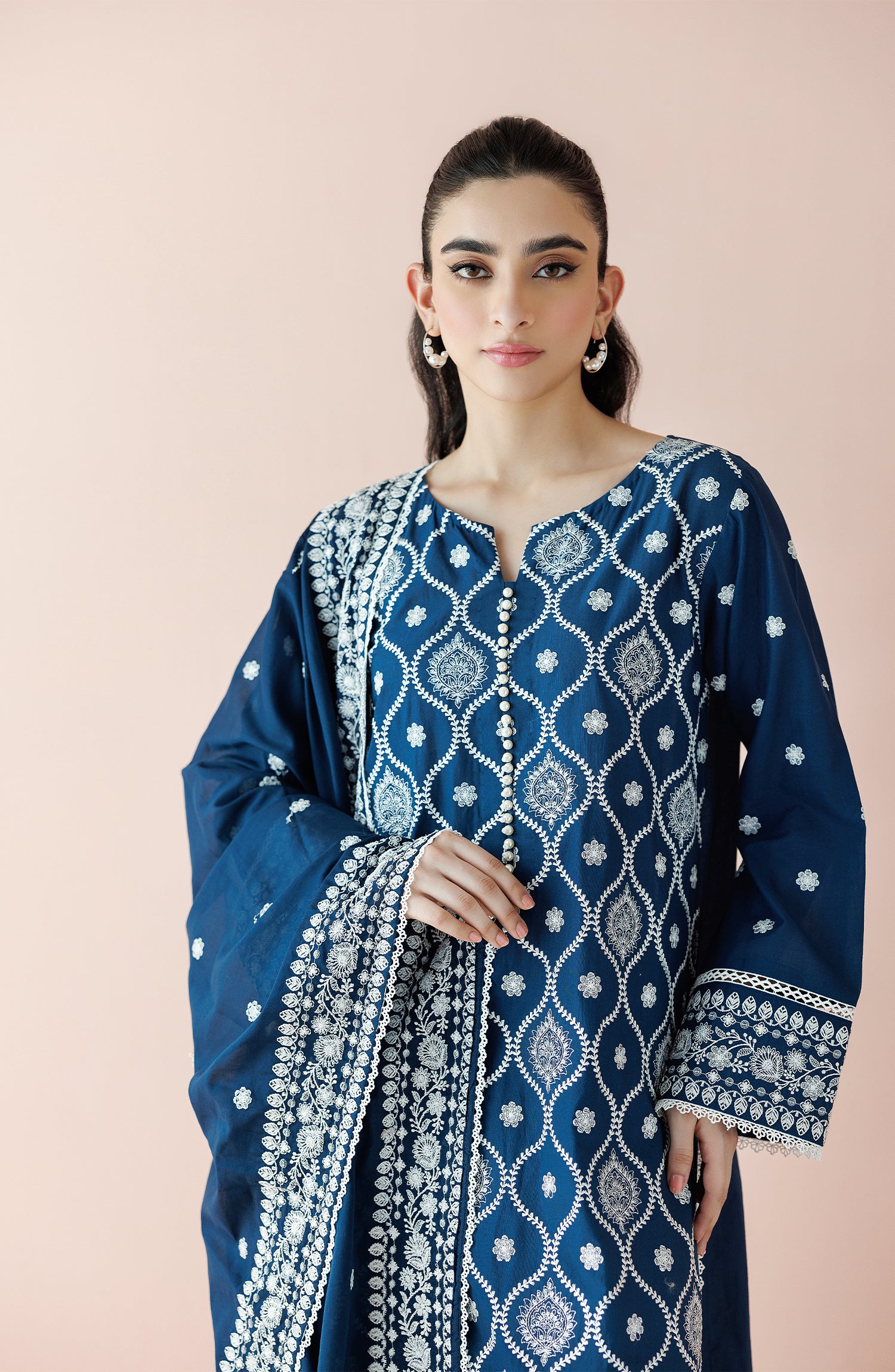 Unstitched 3 Piece Embroidered Lawn Shirt , Cambric Pant and Lawn Dupatta (WRFC24S-3005/U DARK BLUE)