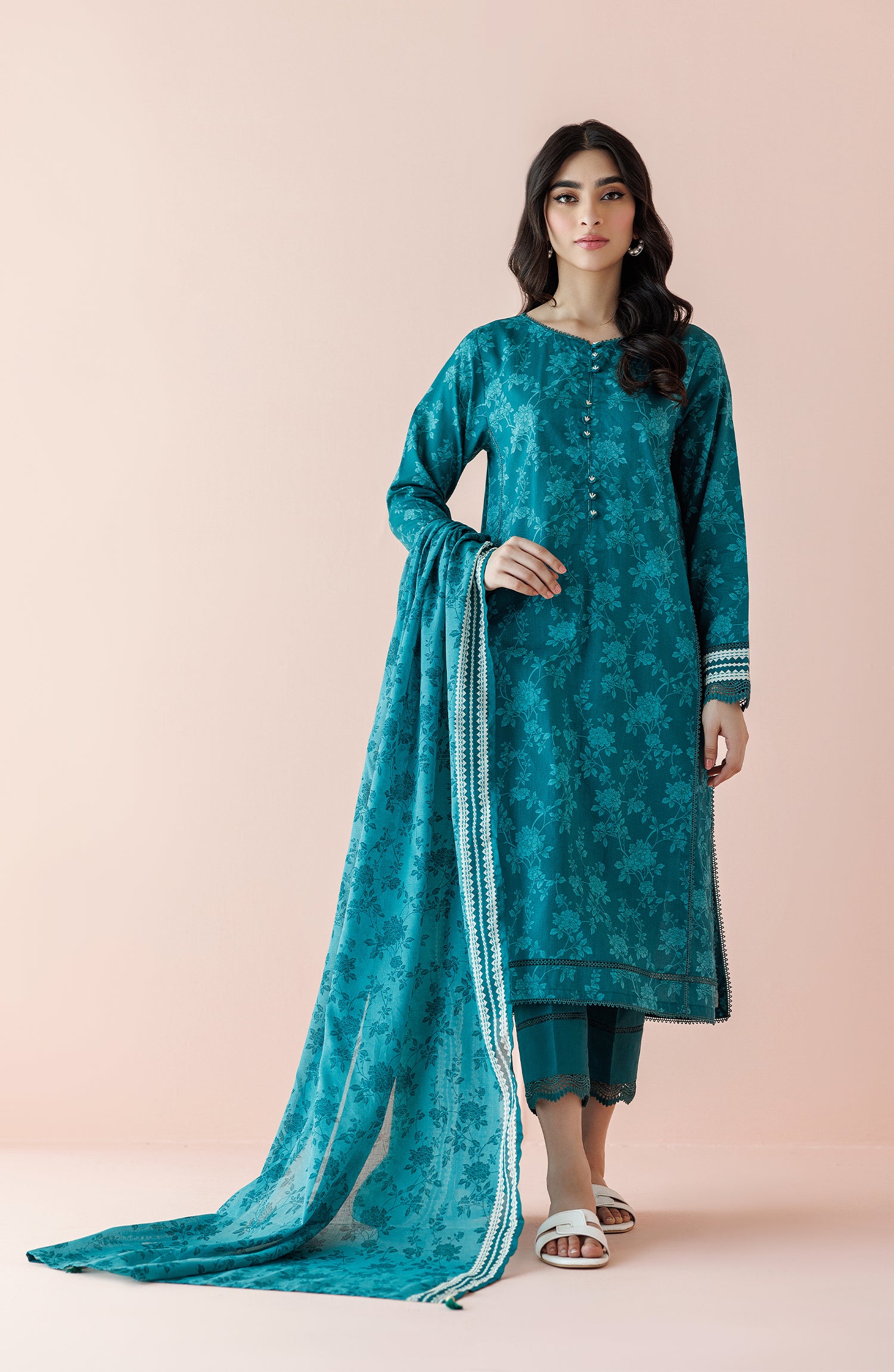 Unstitched 3 Piece Printed Lawn Shirt , Cambric Pant and Lawn Dupatta (OTL-24-240/U TEAL)