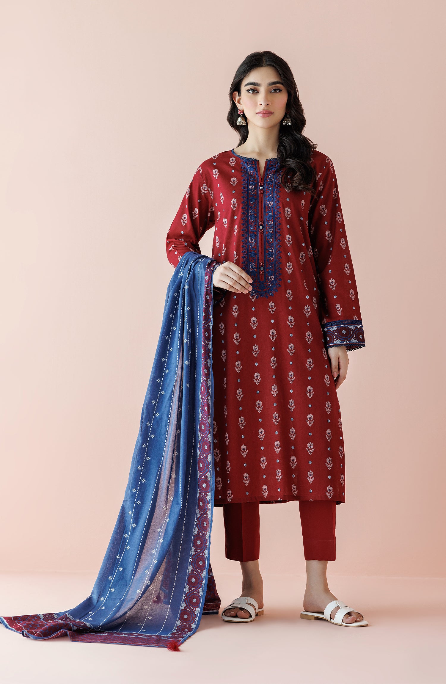 Unstitched 3 Piece Embroidered Lawn Shirt , Cambric Pant and Lawn Dupatta (OTL-24-025/U RED)