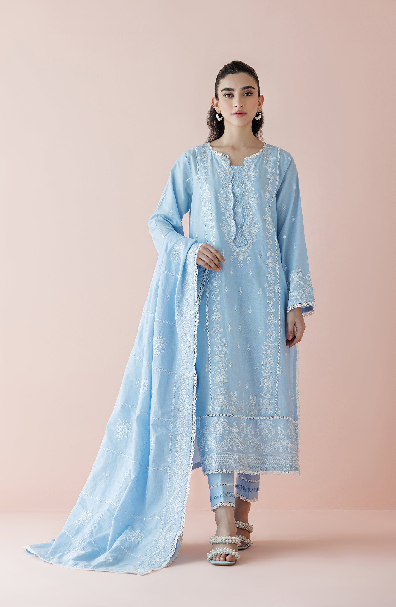 Unstitched 3 Piece Embroidered Lawn Shirt , Cambric Pant and Lawn Dupatta (WRFC24S-3006/U ICE BLUE)