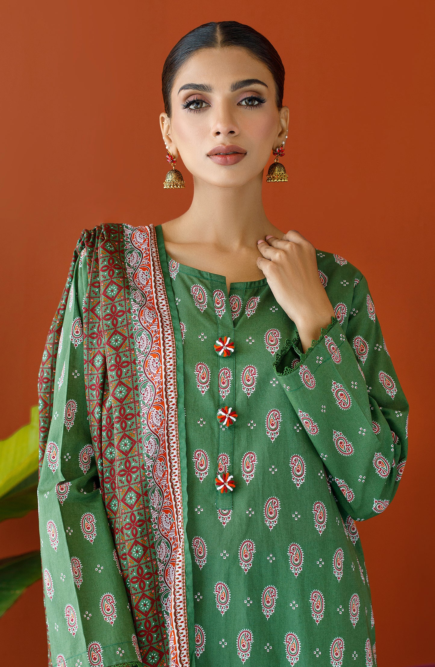Stitched 3 Piece Printed Cambric Shirt , Cambric Pant and Lawn Dupatta (OTL-23-192/S GREEN)