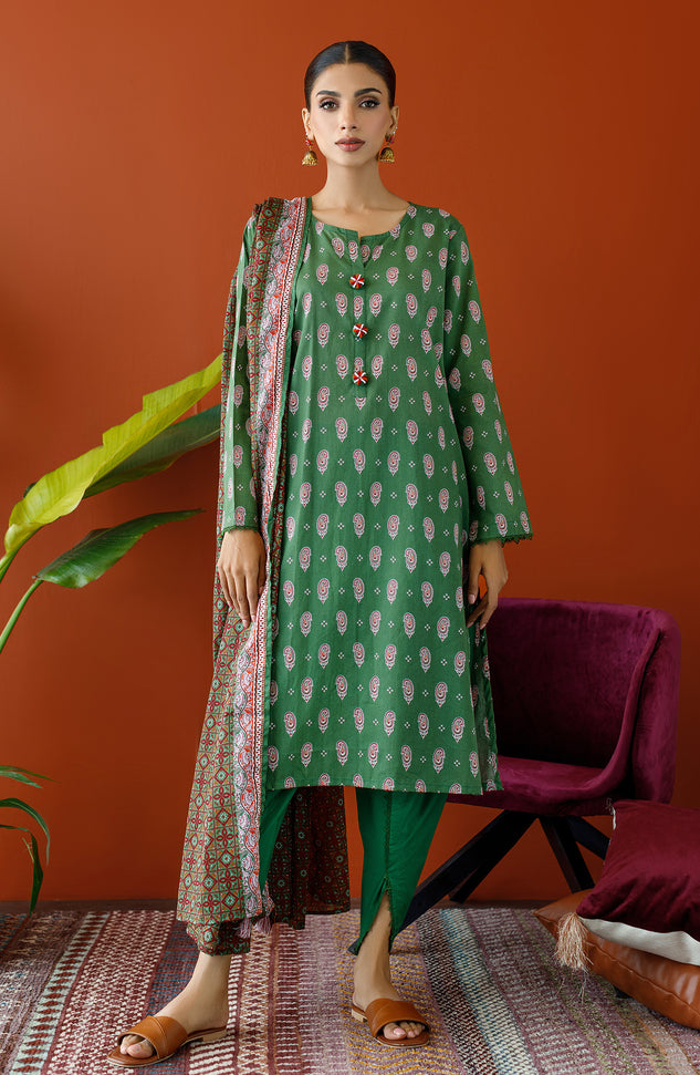 Stitched 3 Piece Printed Cambric Shirt , Cambric Pant and Lawn Dupatta