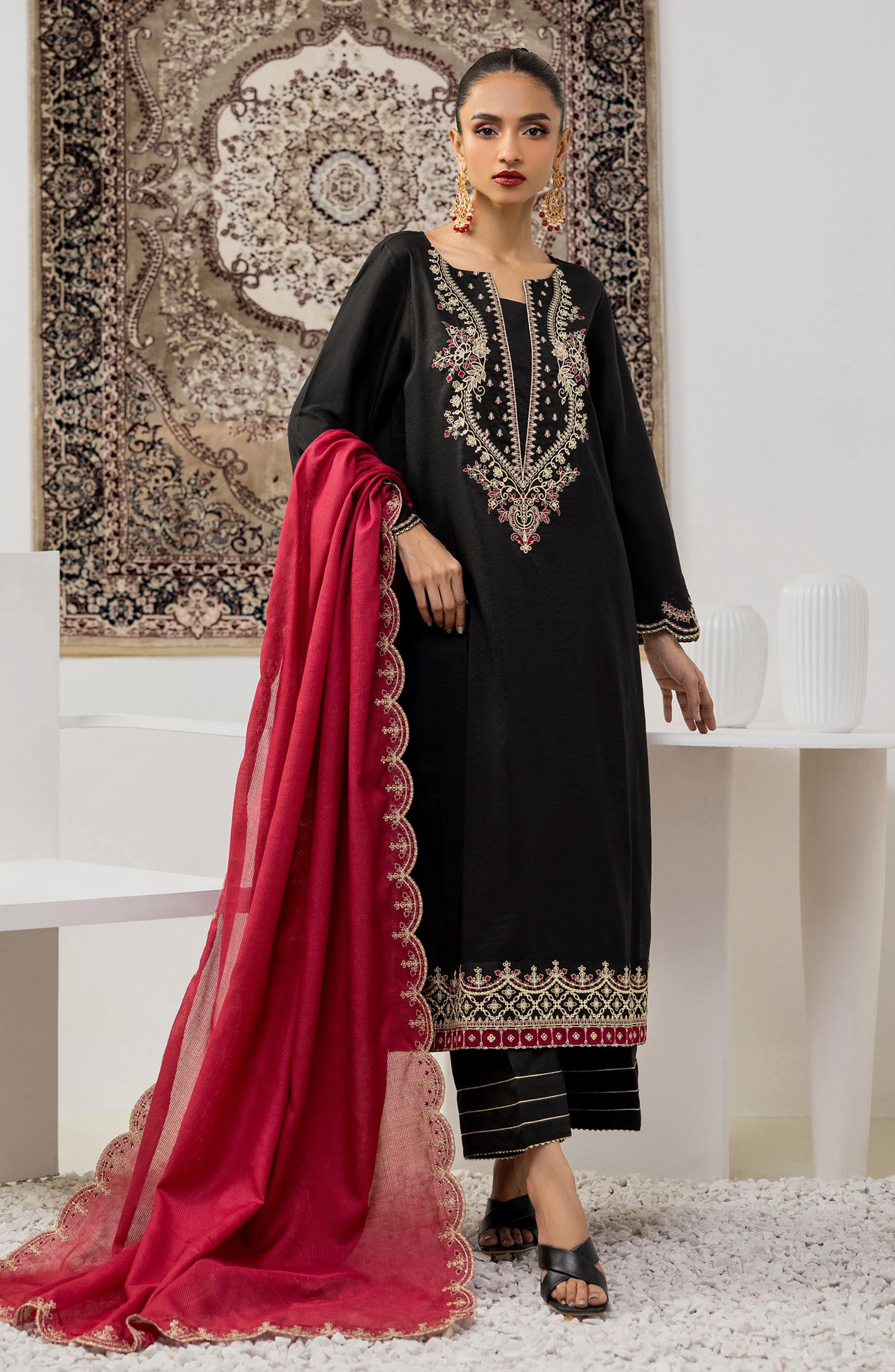 OTLF-23-057/S BLACK RAW SILK Women READY TO WEAR SHIRT DUPATTA PANTS