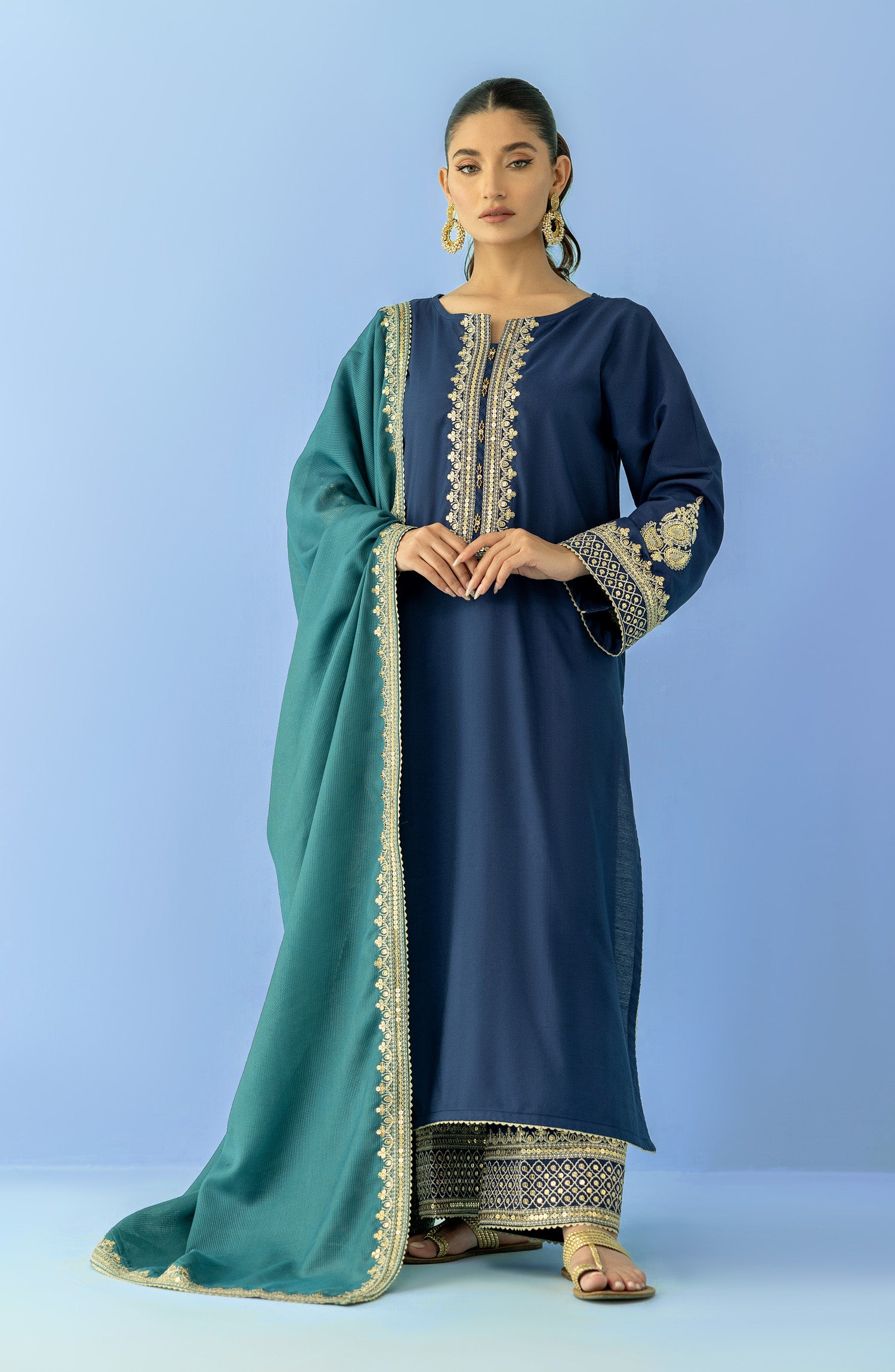 Stitched 3 Piece Embroidered Raw Silk Shirt , Raw Silk Pant and Slub Khaddar Dupatta (OTLF-23-058/S BLUE)