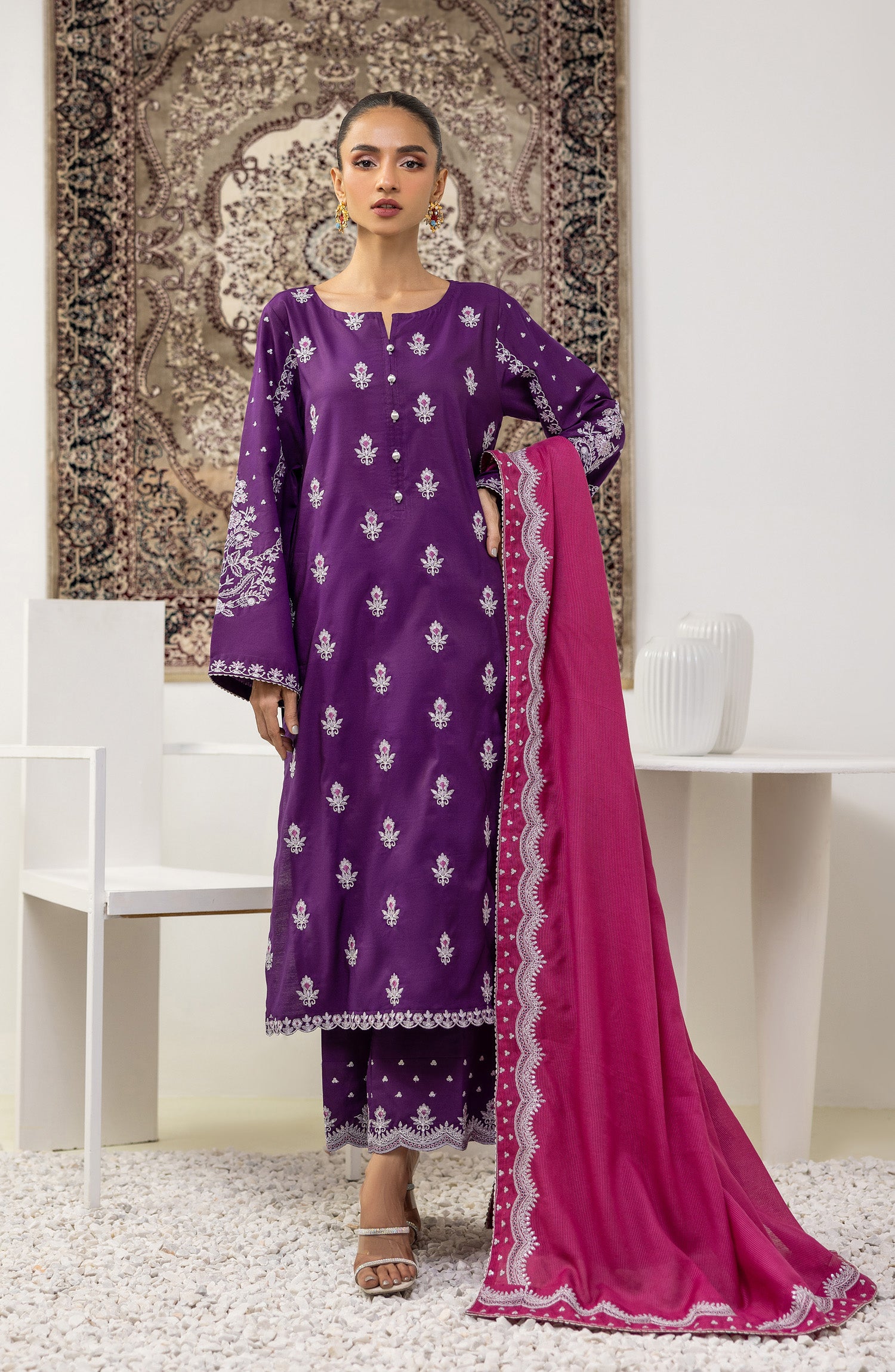 Stitched 3 Piece Embroidered Raw Silk Shirt , Raw Silk Pant and Slub Khaddar Dupatta (OTLF-23-055/S PURPLE)