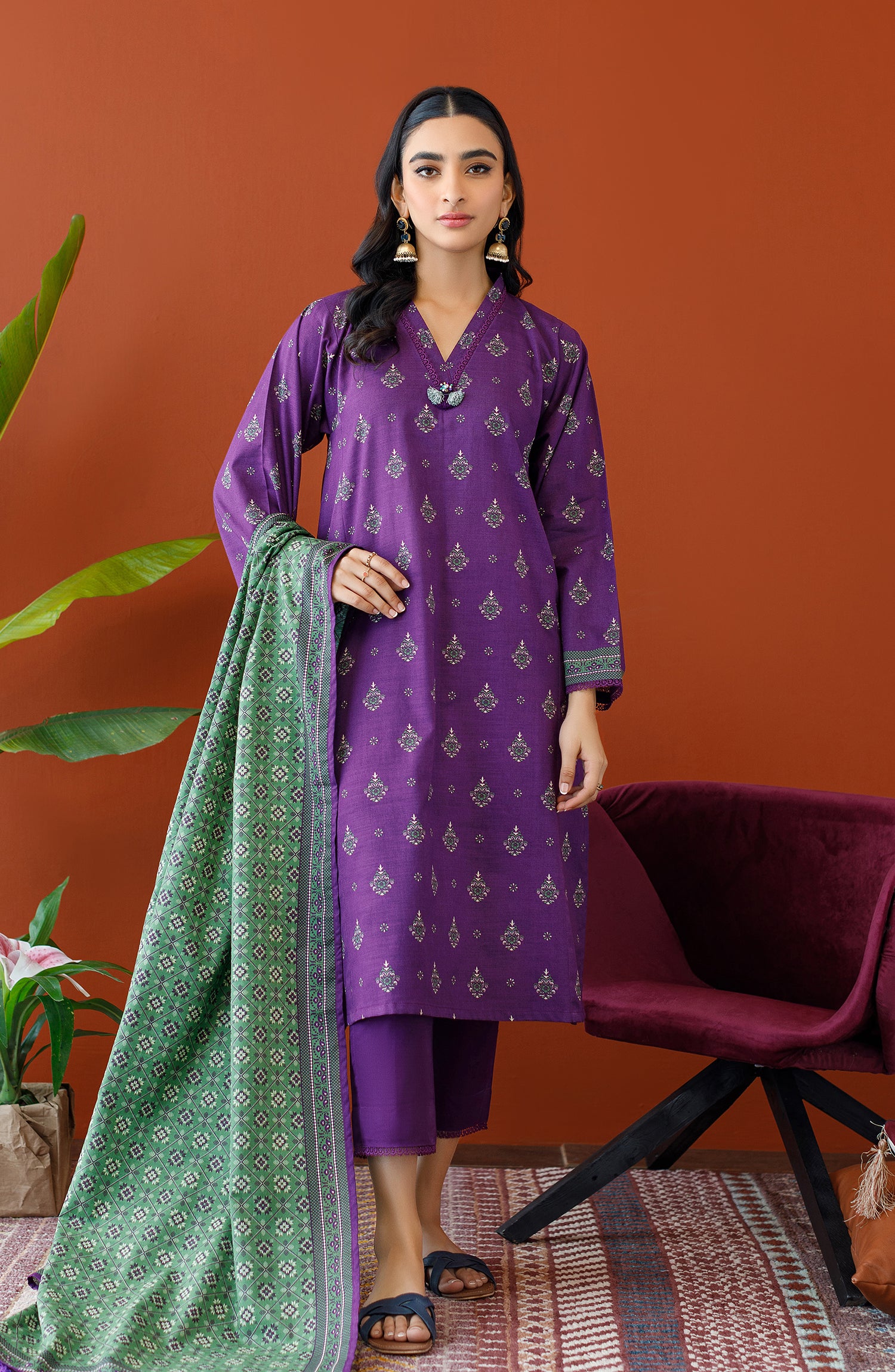 OTL-23-202/U PURPLE KHADDAR Women UNSTITCHED SHIRT DUPATTA PANTS