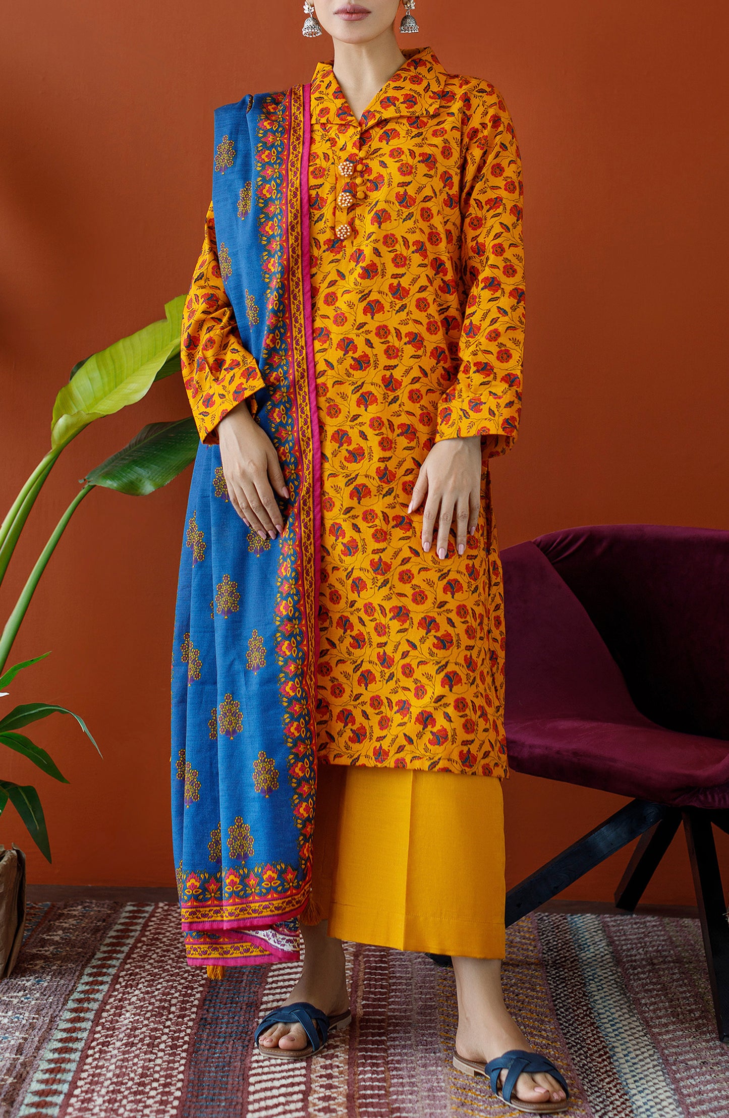 OTL-23-203/U YELLOW KHADDAR Women UNSTITCHED SHIRT DUPATTA PANTS