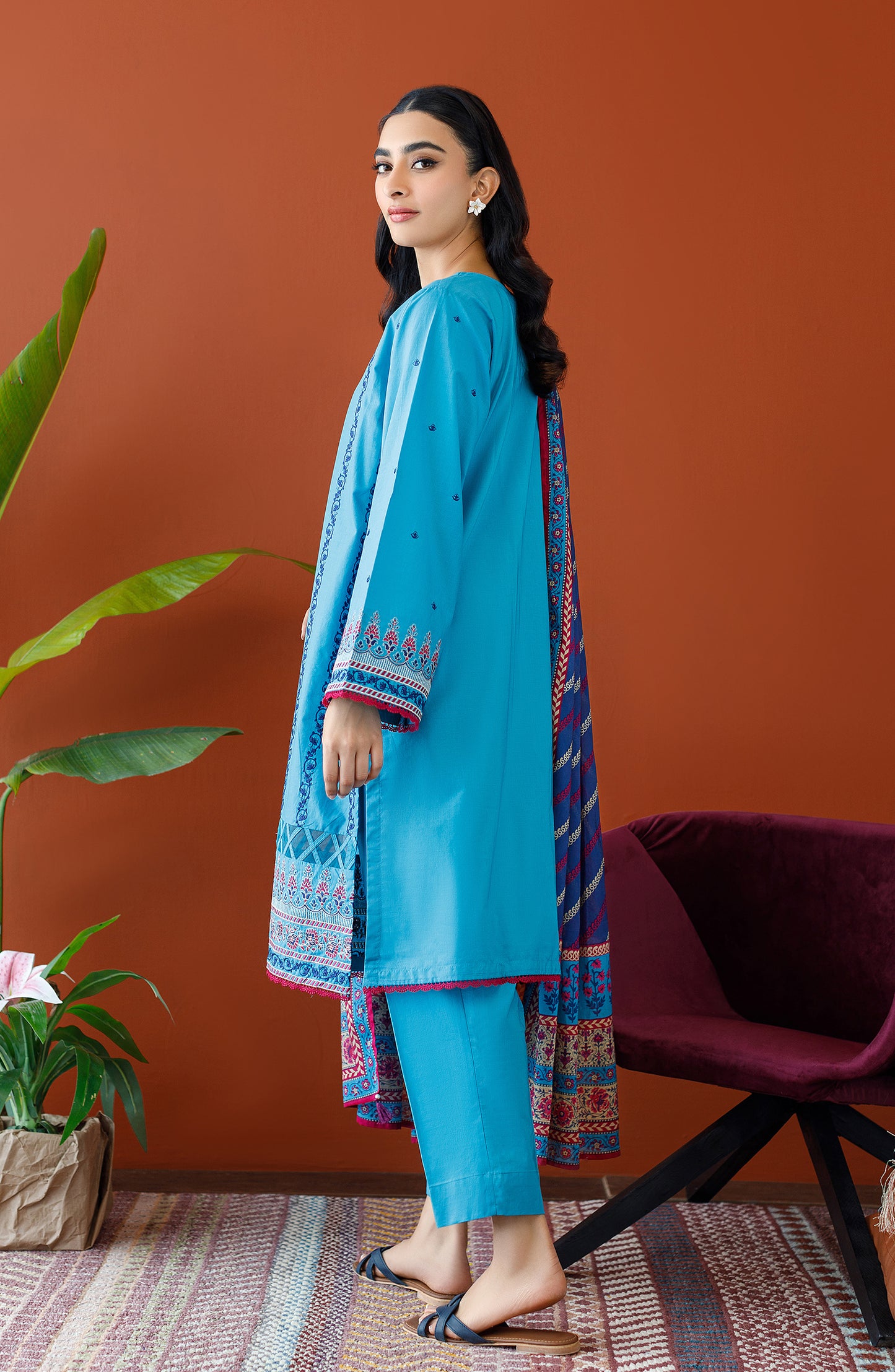 Stitched 3 Piece Embroidered Cambric Shirt , Cambric Pant and Lawn Dupatta