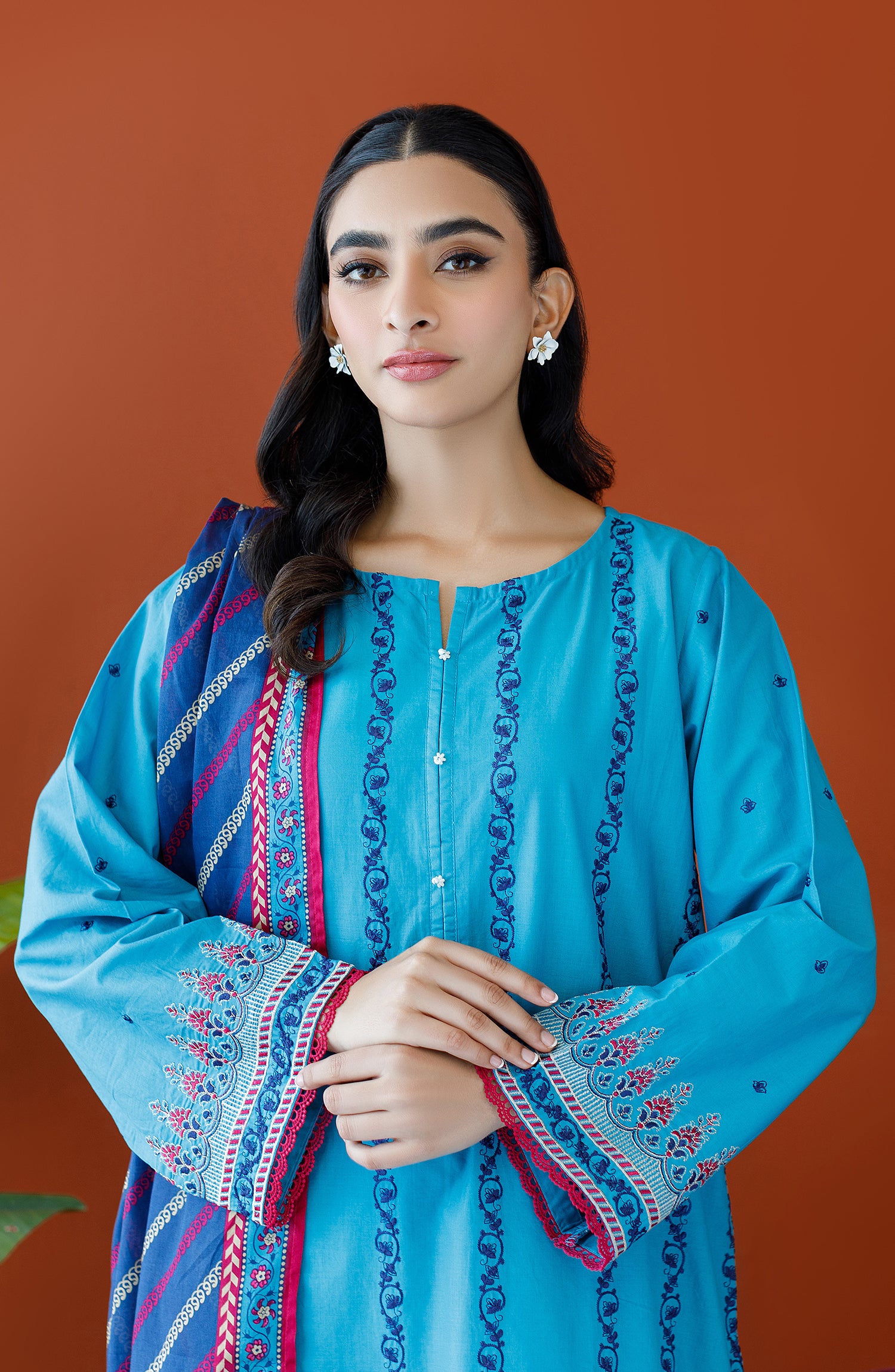 Stitched 3 Piece Embroidered Cambric Shirt , Cambric Pant and Lawn Dupatta (OTL-23-208/S TURQUOISE)