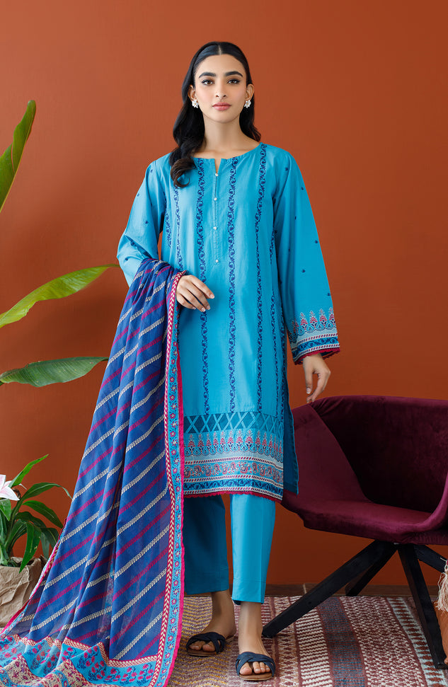 Stitched 3 Piece Embroidered Cambric Shirt , Cambric Pant and Lawn Dupatta