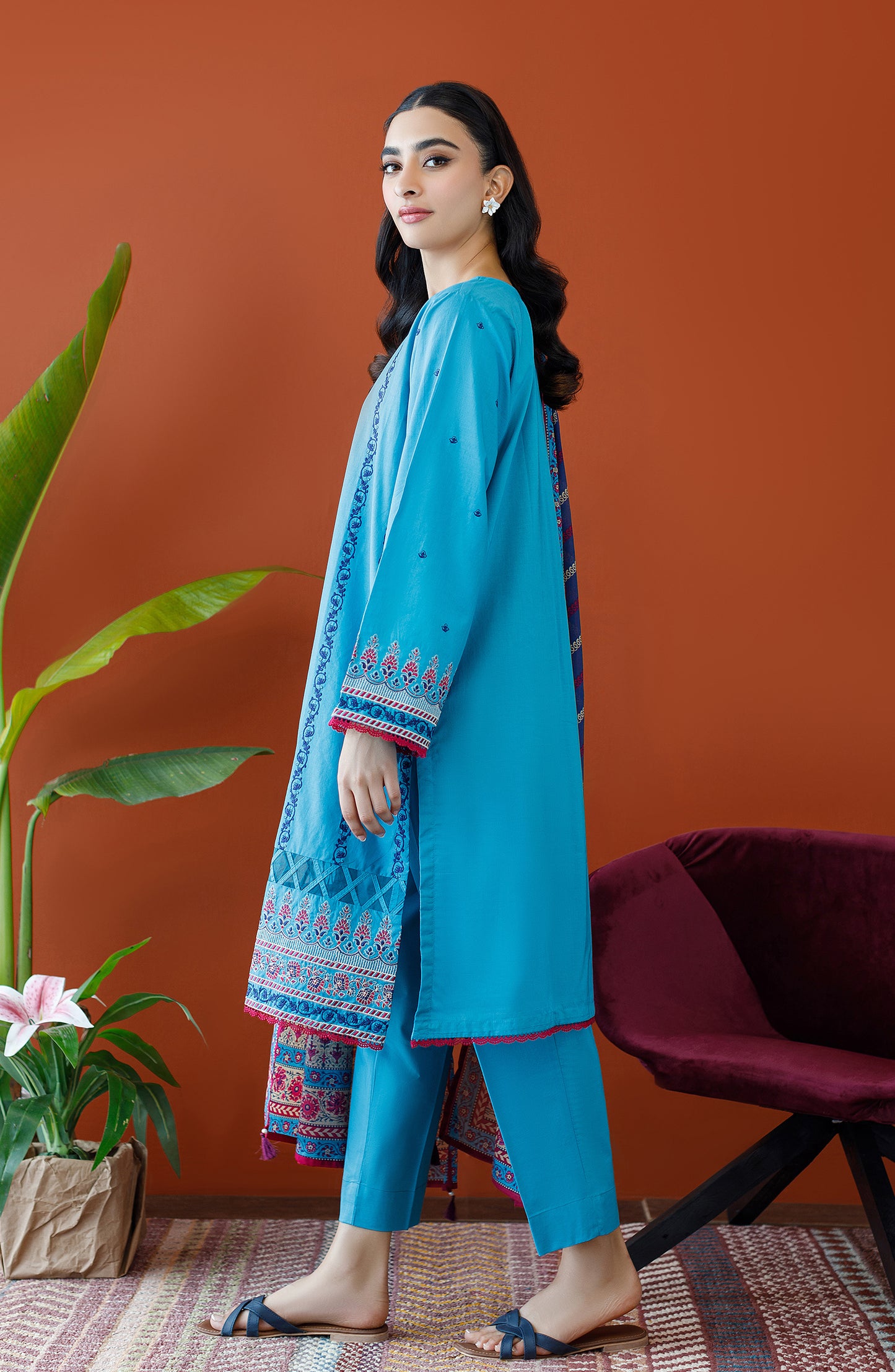Stitched 3 Piece Embroidered Cambric Shirt , Cambric Pant and Lawn Dupatta (OTL-23-208/S TURQUOISE)