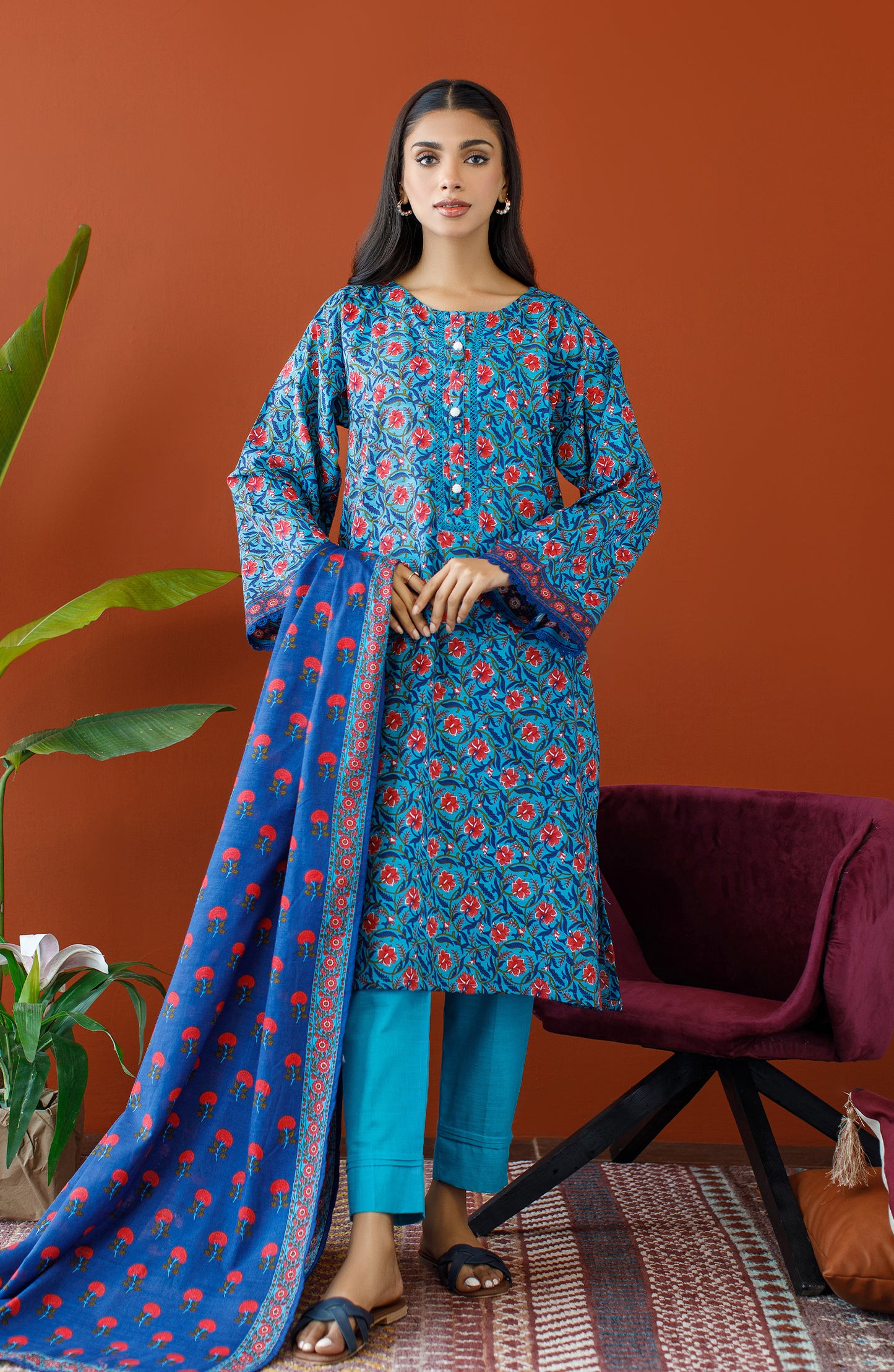 OTL-23-211/U TURQUOISE KHADDAR Women UNSTITCHED SHIRT DUPATTA PANTS