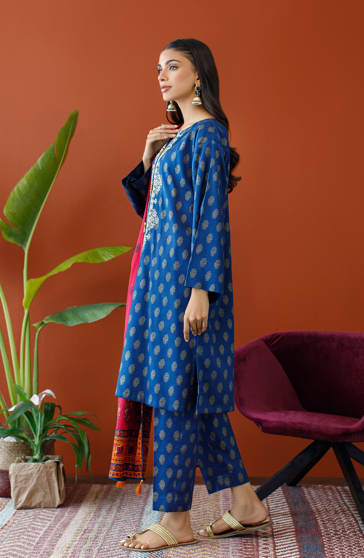 OTL-23-214/U NAVY COTTEL Women UNSTITCHED SHIRT DUPATTA PANTS