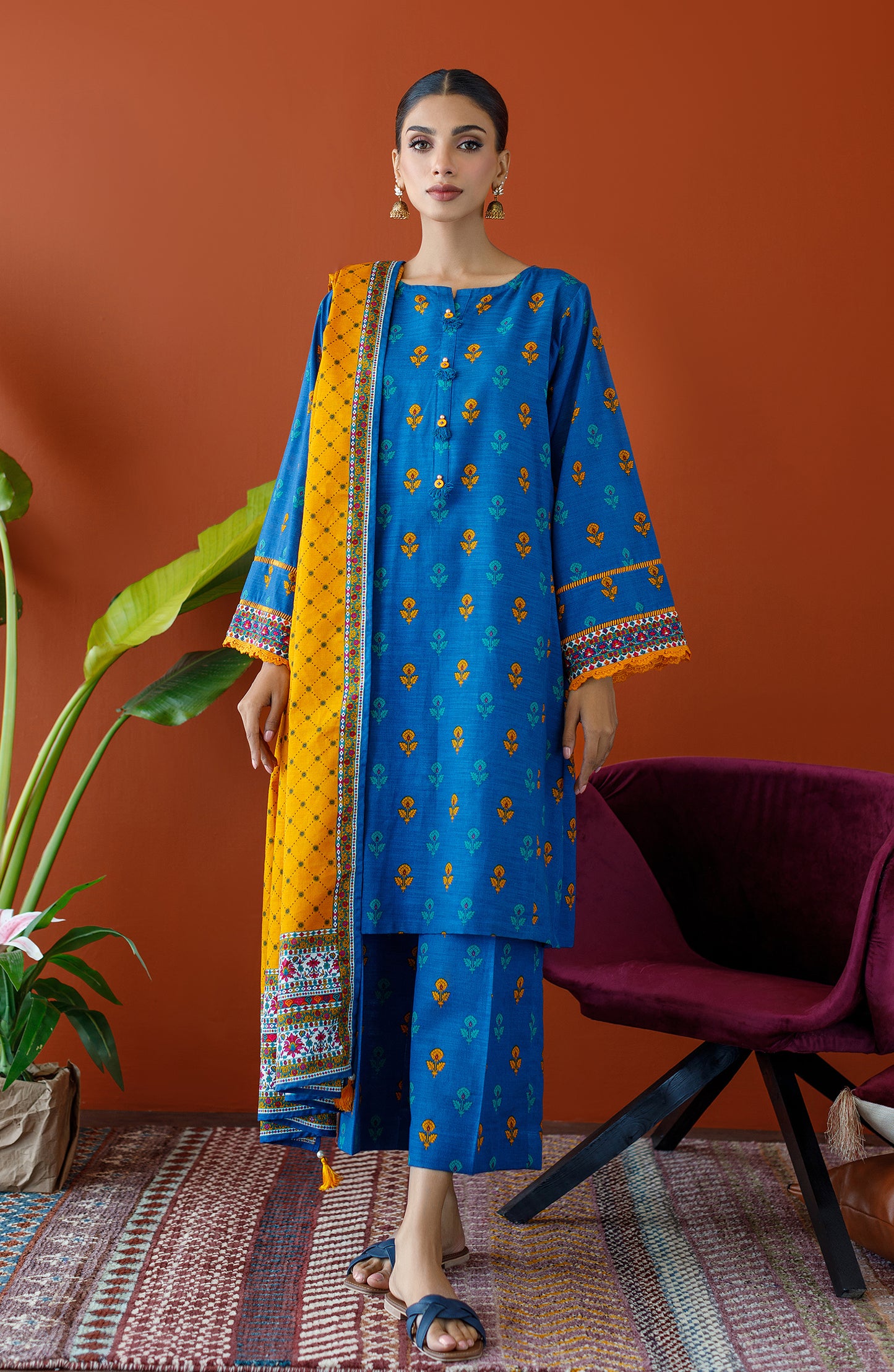 OTL-23-227/U BLUE KHADDAR Women UNSTITCHED SHIRT DUPATTA PANTS