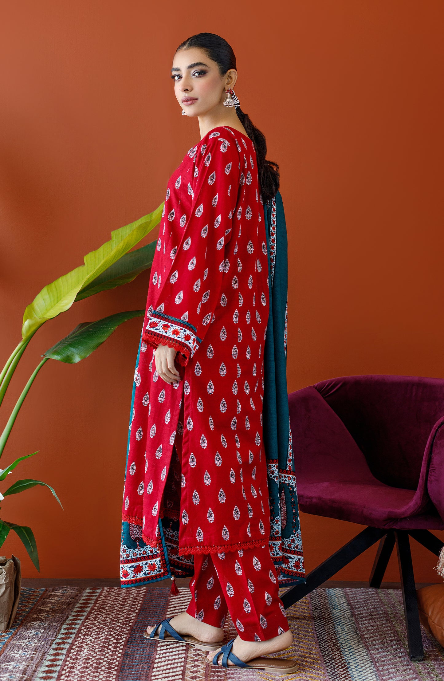 OTL-23-228/S RED KHADDAR Women READY TO WEAR SHIRT DUPATTA PANTS