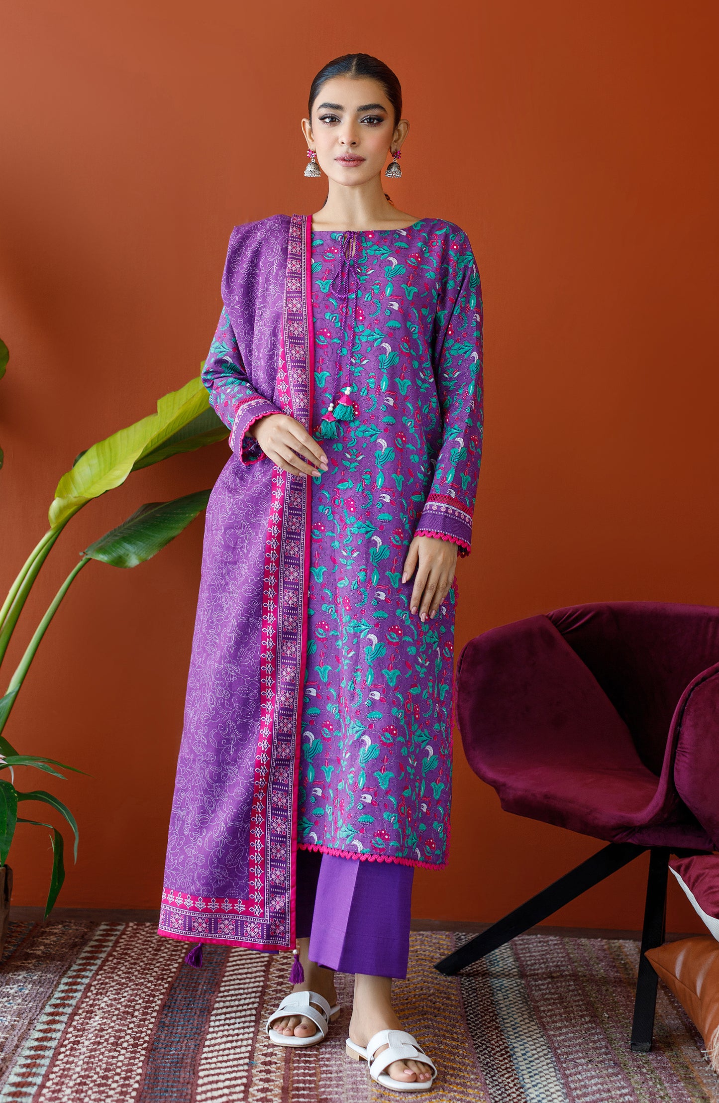 OTL-23-229/U PURPLE KHADDAR Women UNSTITCHED SHIRT DUPATTA PANTS