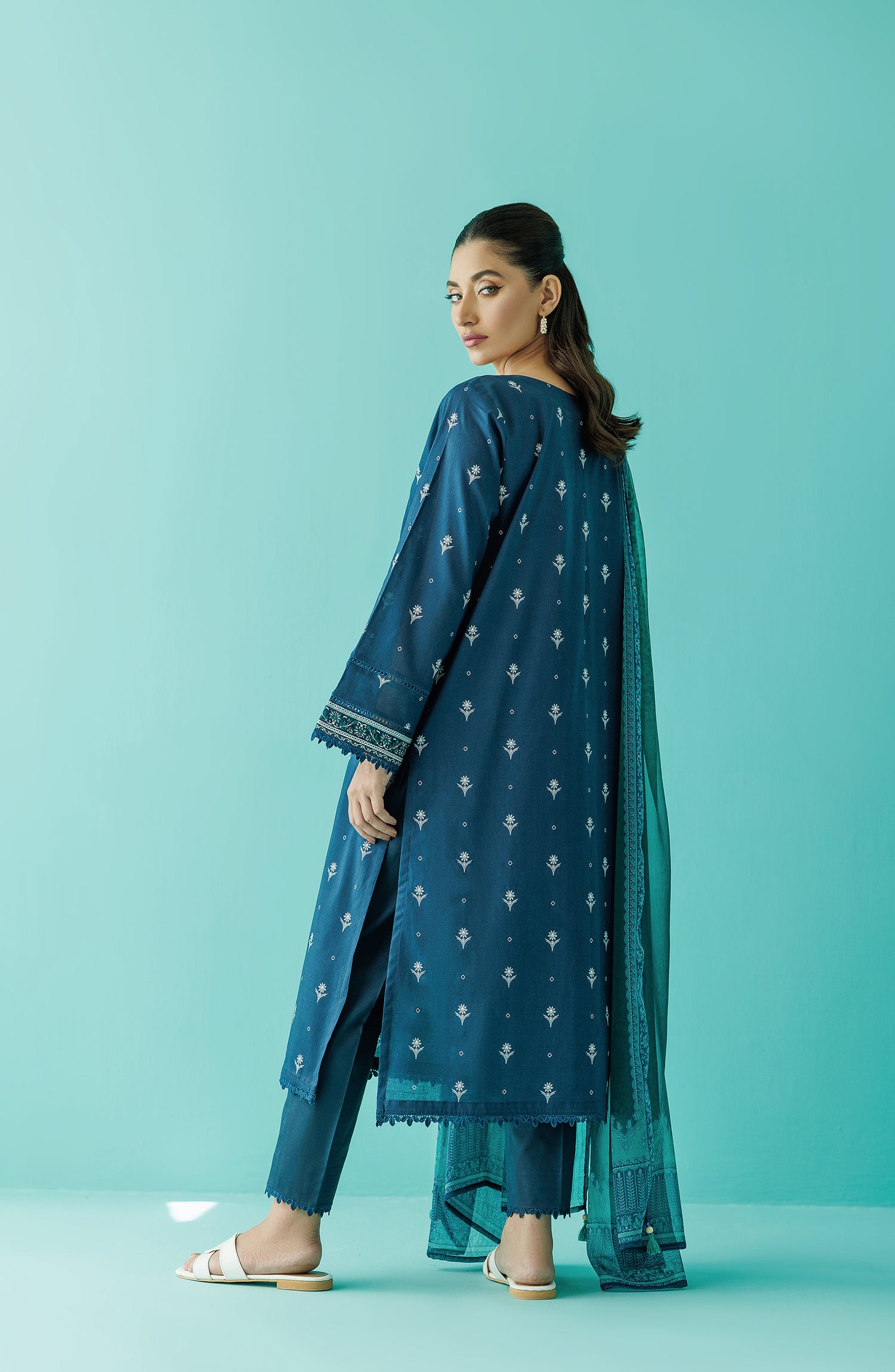 Stitched 3 Piece Printed Embroidered Lawn Shirt , Cambric Pant and Chiffon Dupatta (OTL-24-043/S DARK BLUE)